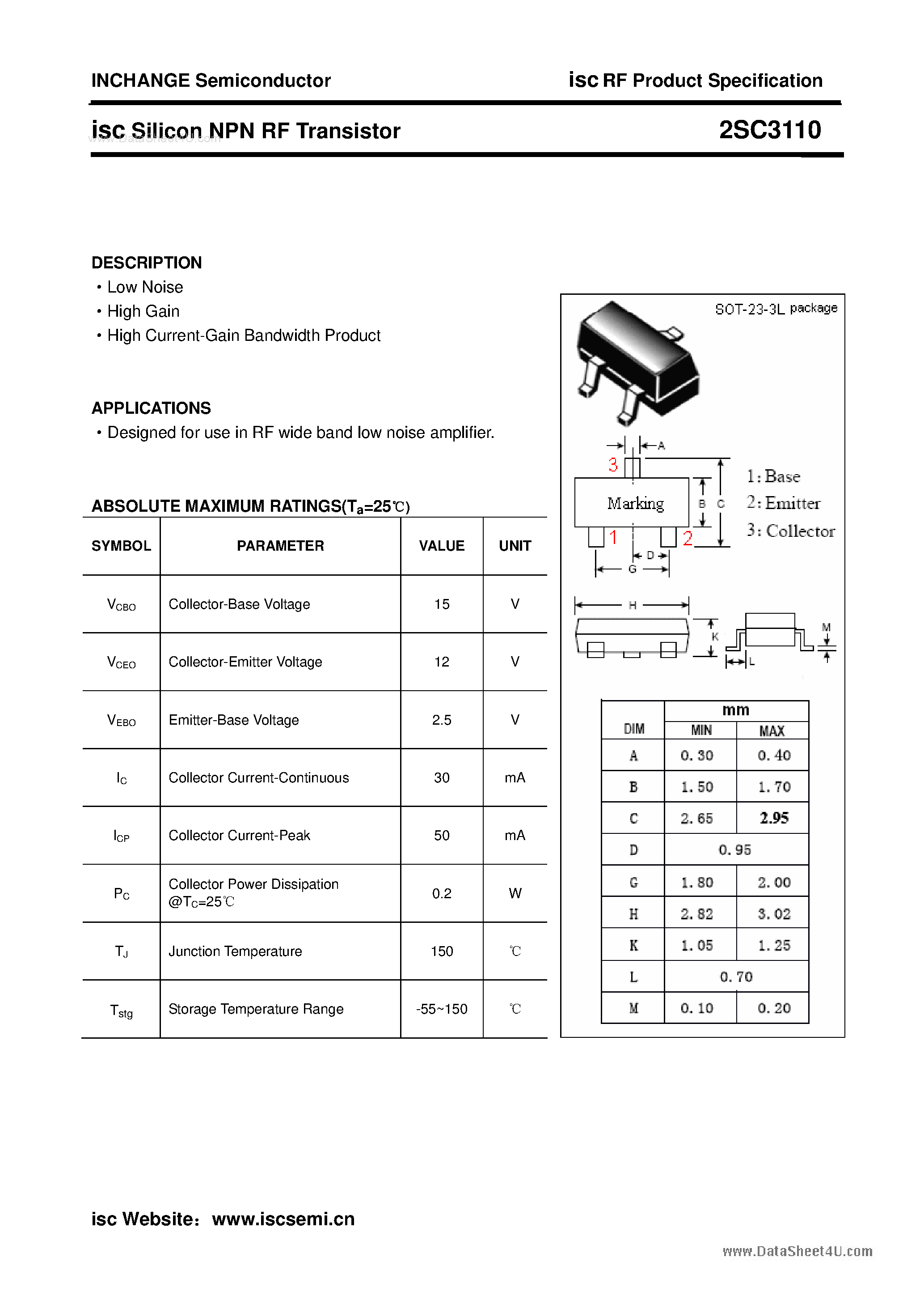 Datasheet 2SC3110 - Silicon Power Transistor page 1