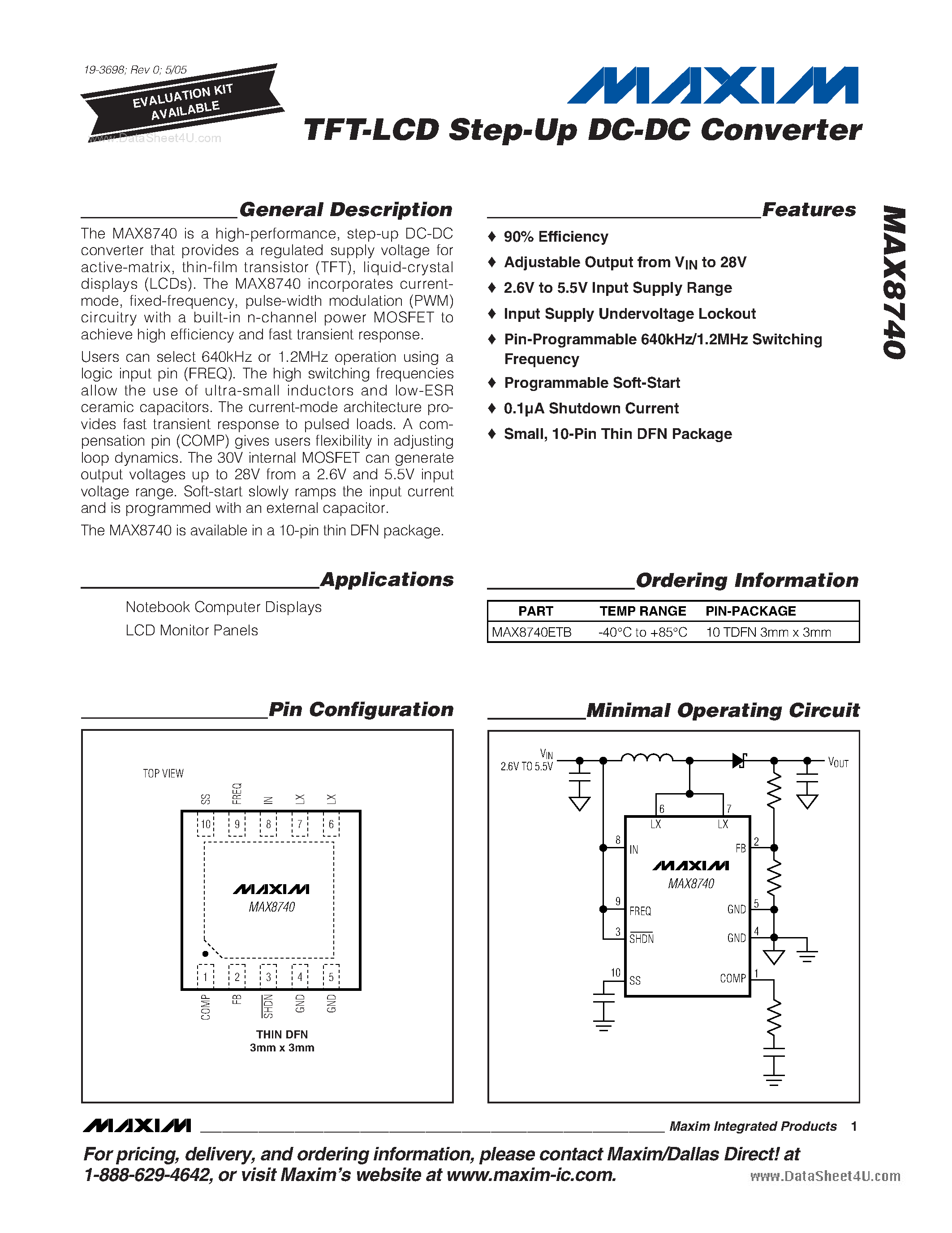 Datasheet MAX8740 - TFT-LCD Step-Up DC-DC Converter page 1