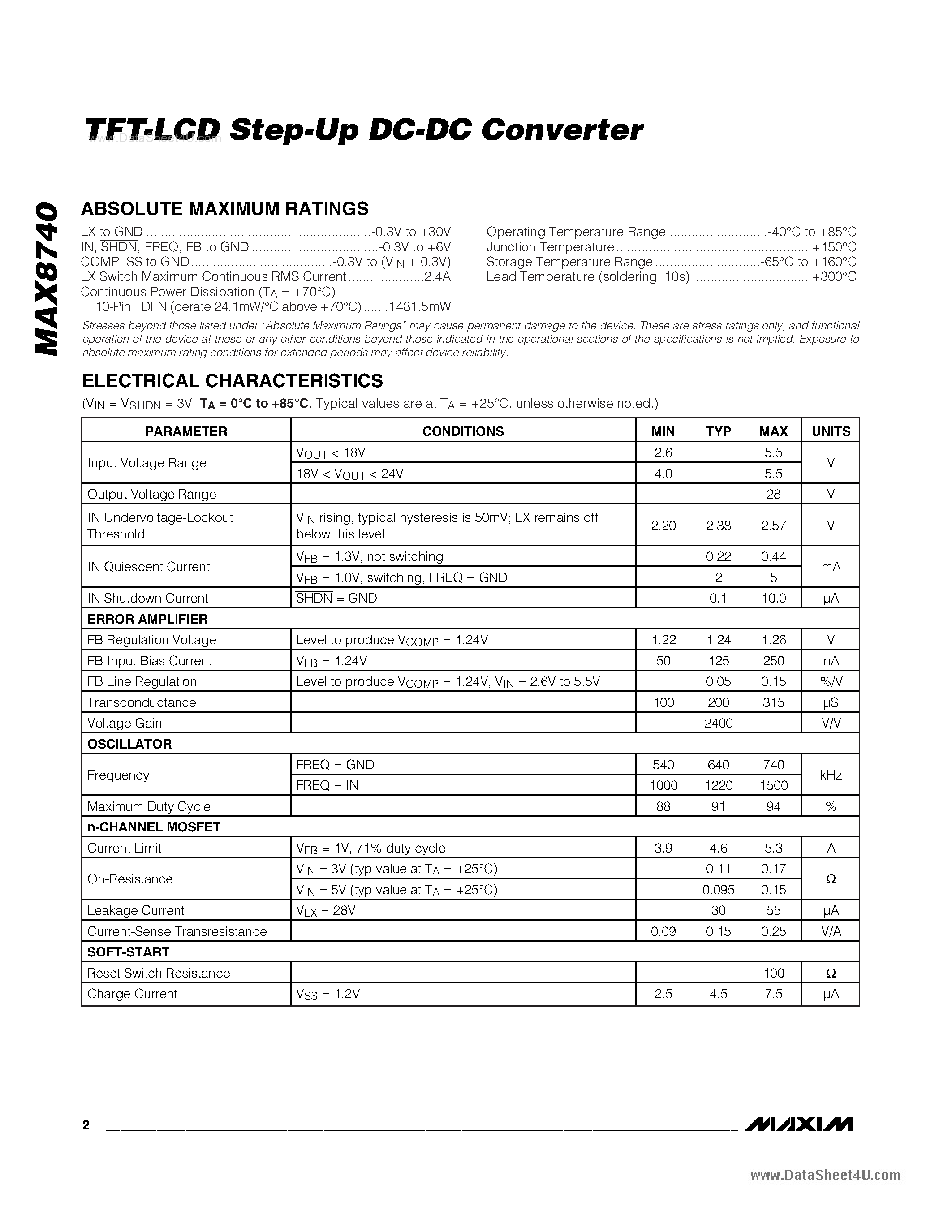 Datasheet MAX8740 - TFT-LCD Step-Up DC-DC Converter page 2