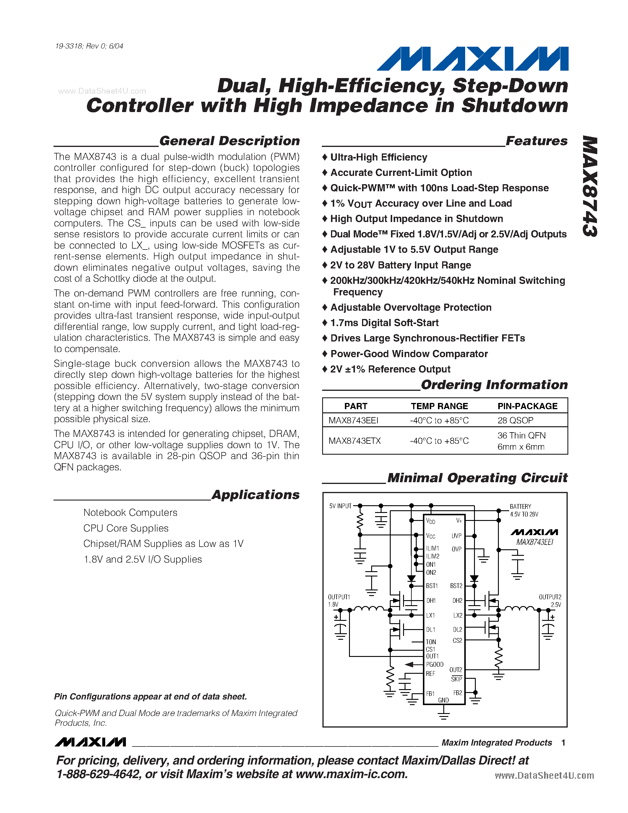 Datasheet MAX8743 - Step-Down Controller page 1