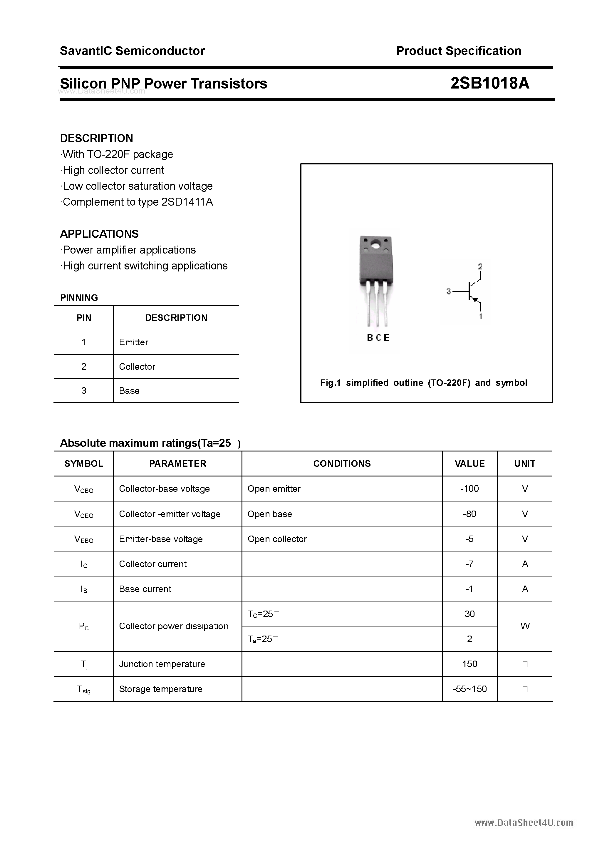 Datasheet 2SB1018A - SILICON POWER TRANSISTOR page 1