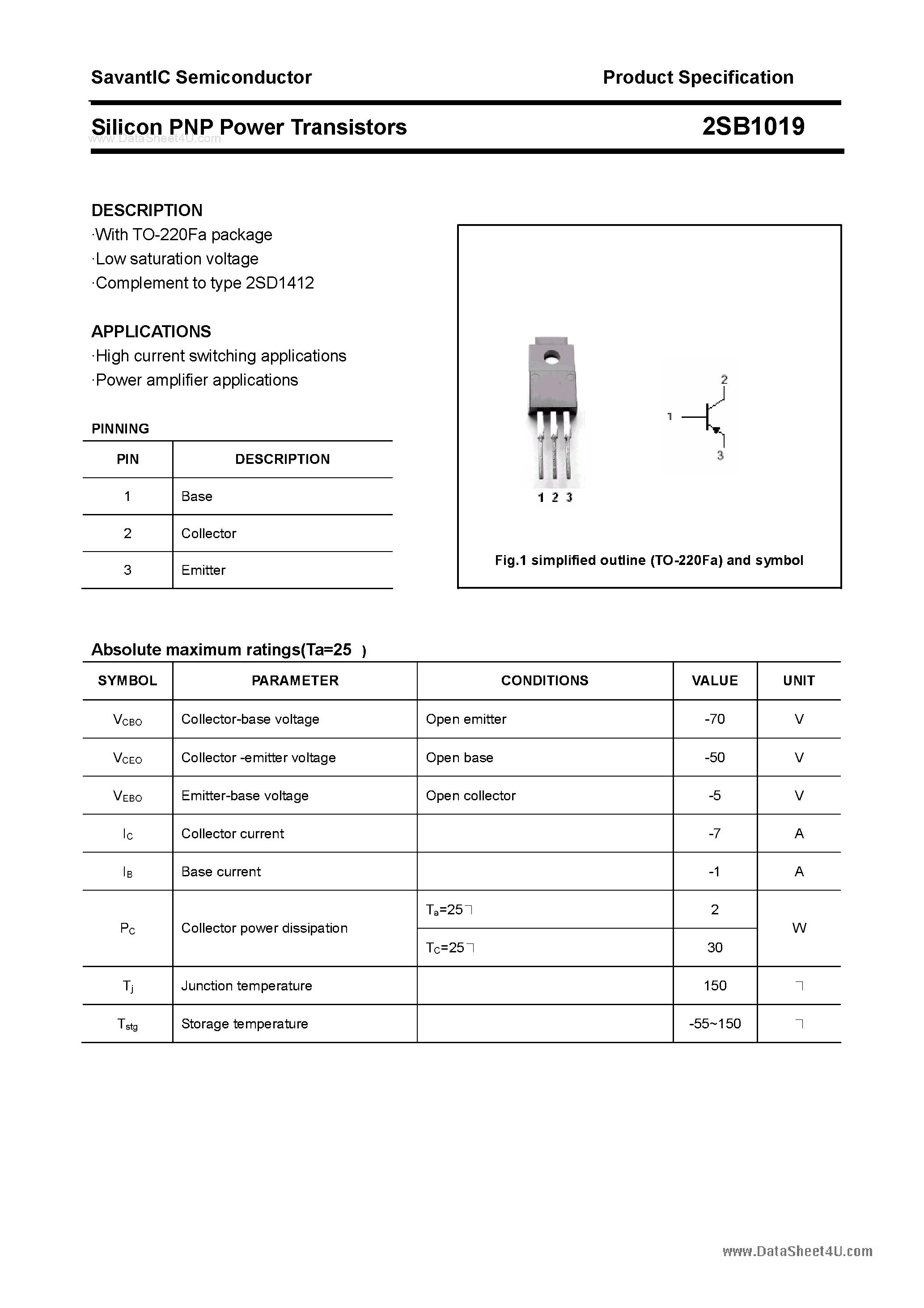 Datasheet 2SB1019 - SILICON POWER TRANSISTOR page 1