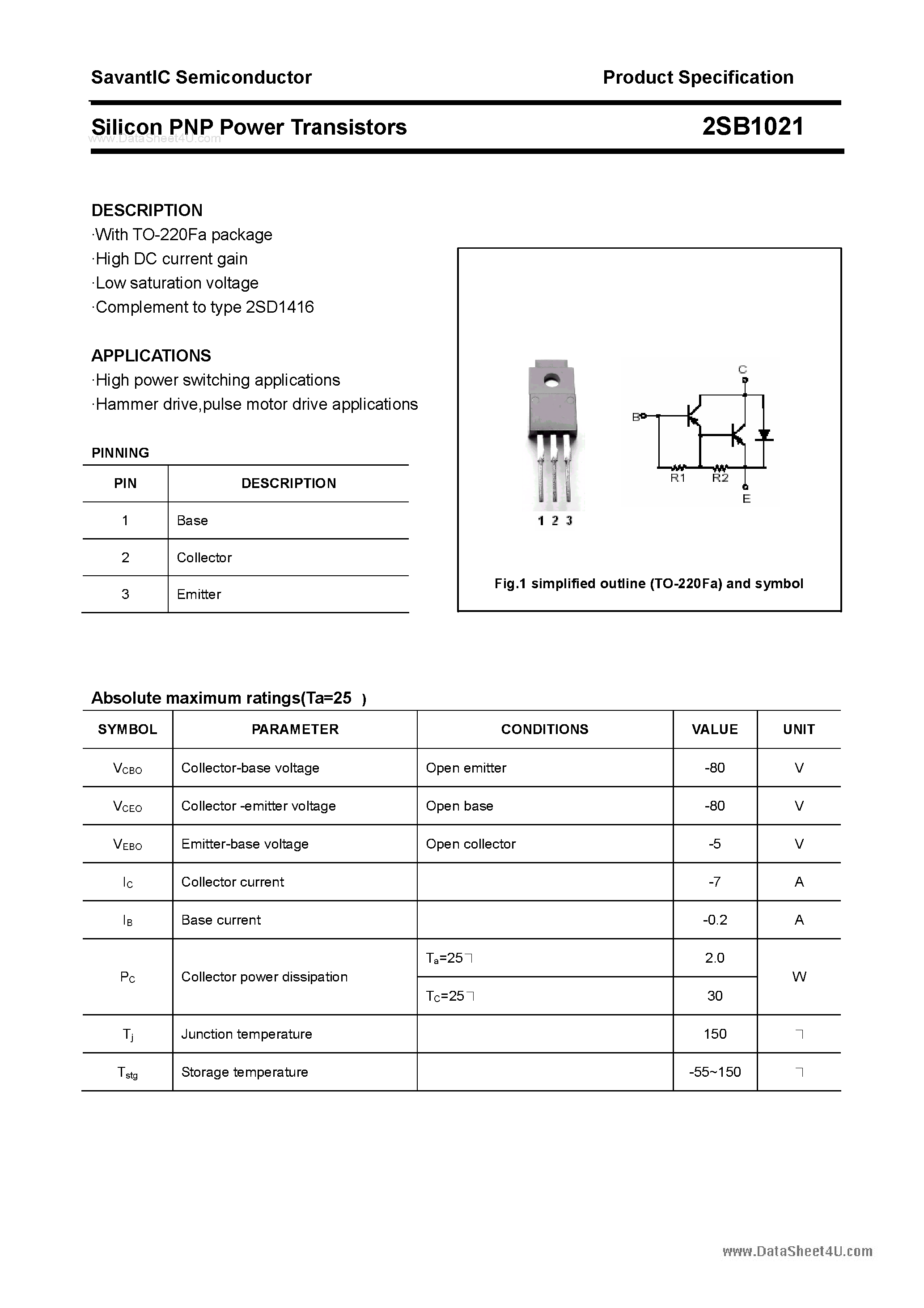 Datasheet 2SB1021 - SILICON POWER TRANSISTOR page 1