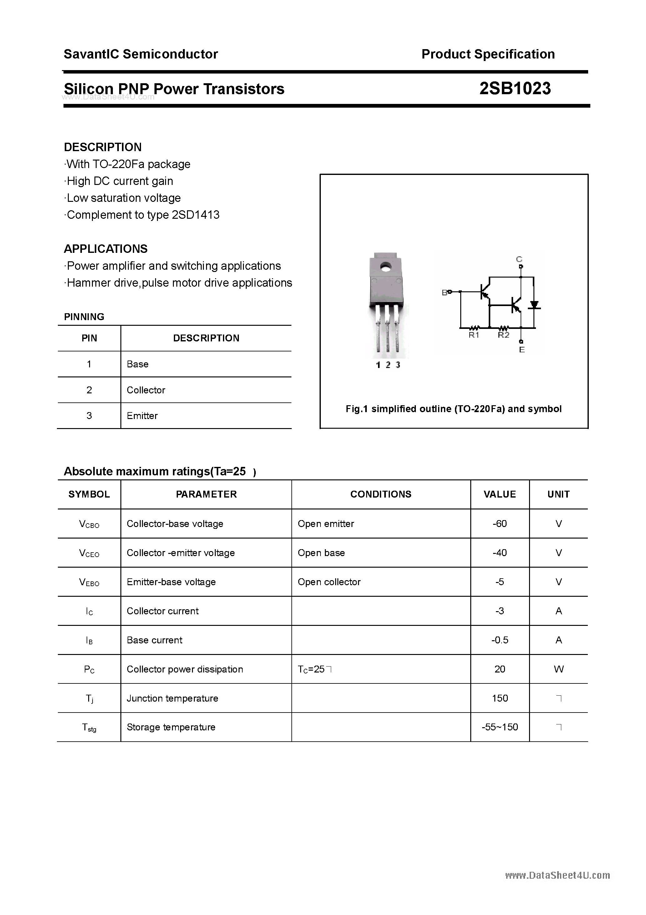 Datasheet 2SB1023 page 1 Datasheet 2SB1023 - SILICON POWER TRANSISTOR page 1