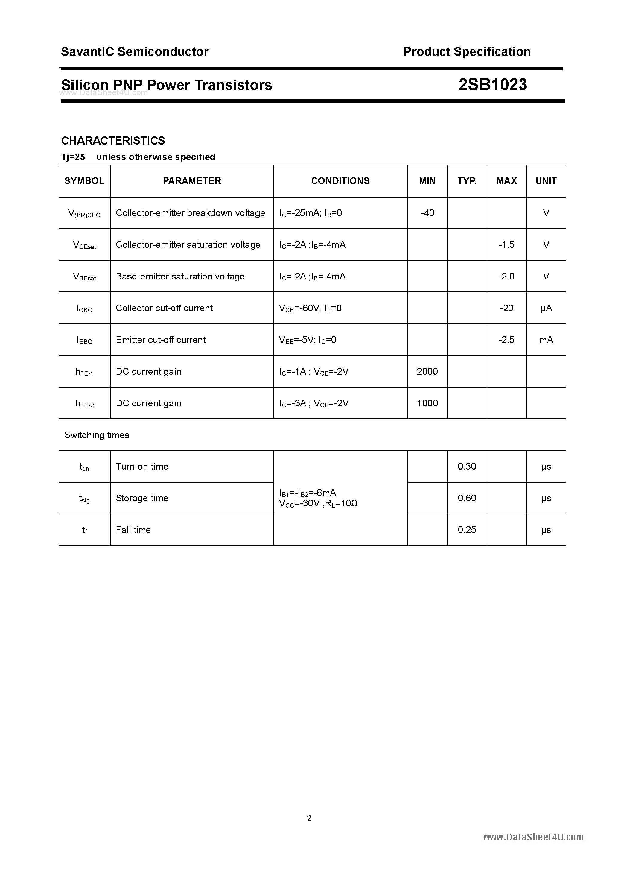 Datasheet 2SB1023 page 2 Datasheet 2SB1023 - SILICON POWER TRANSISTOR page 2