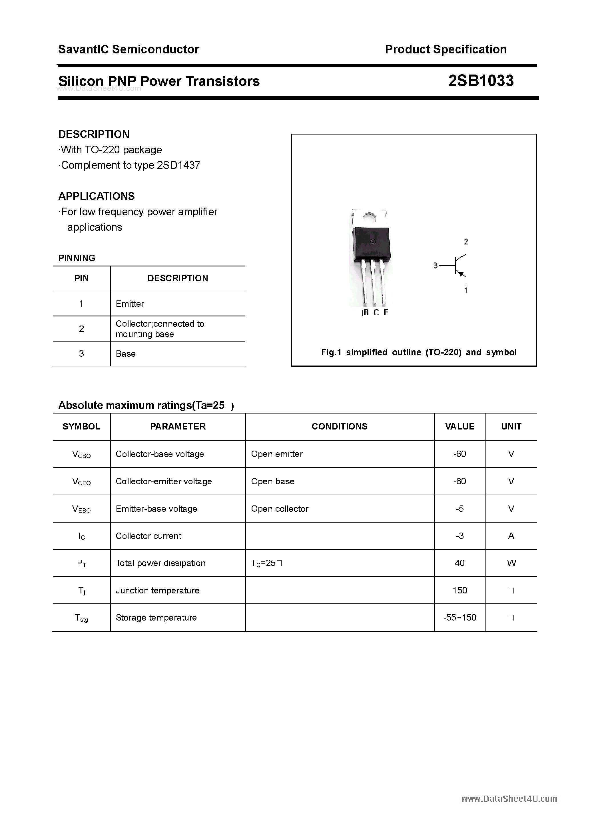 Datasheet 2SB1033 - SILICON POWER TRANSISTOR page 1