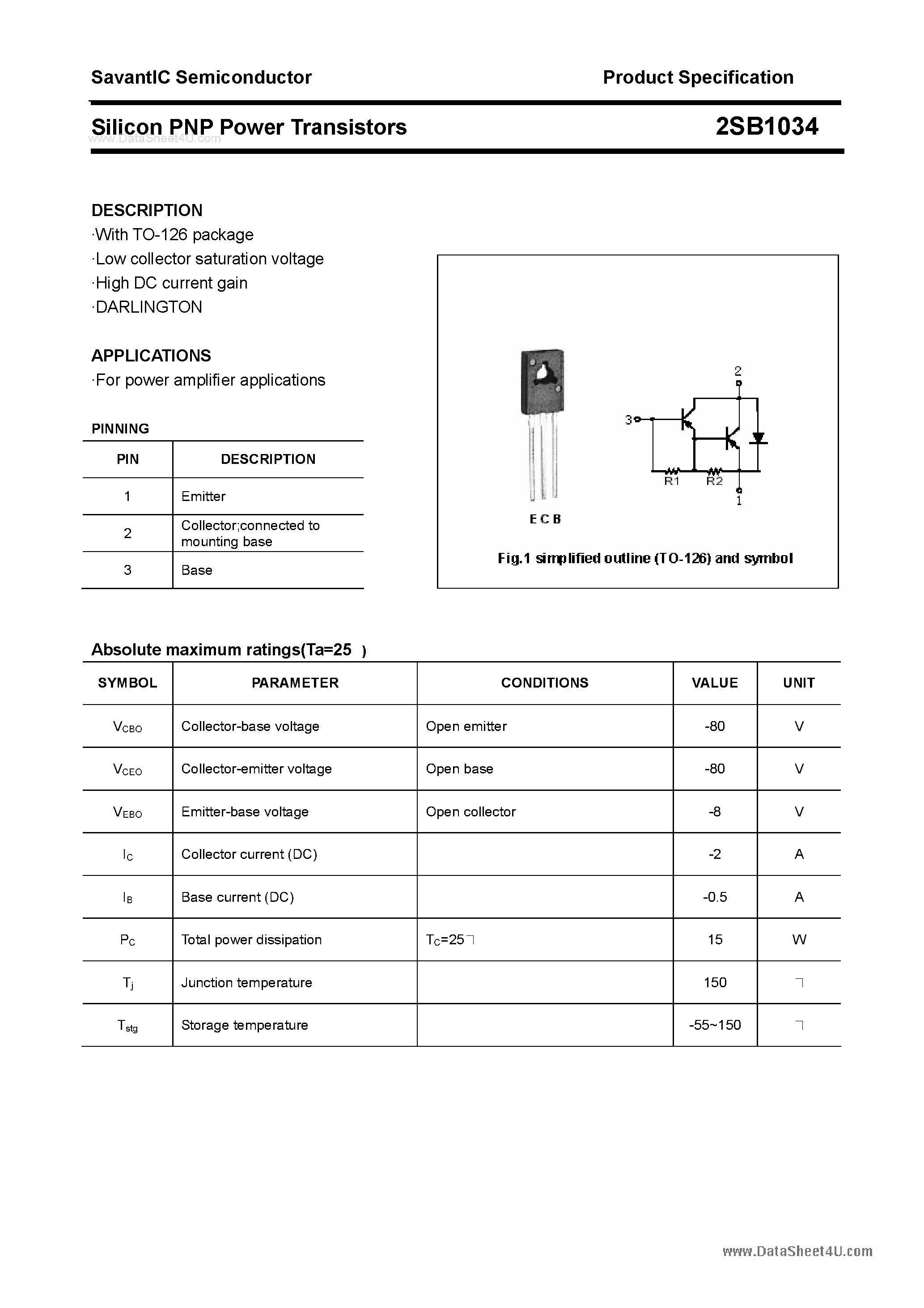 Datasheet 2SB1034 - SILICON POWER TRANSISTOR page 1