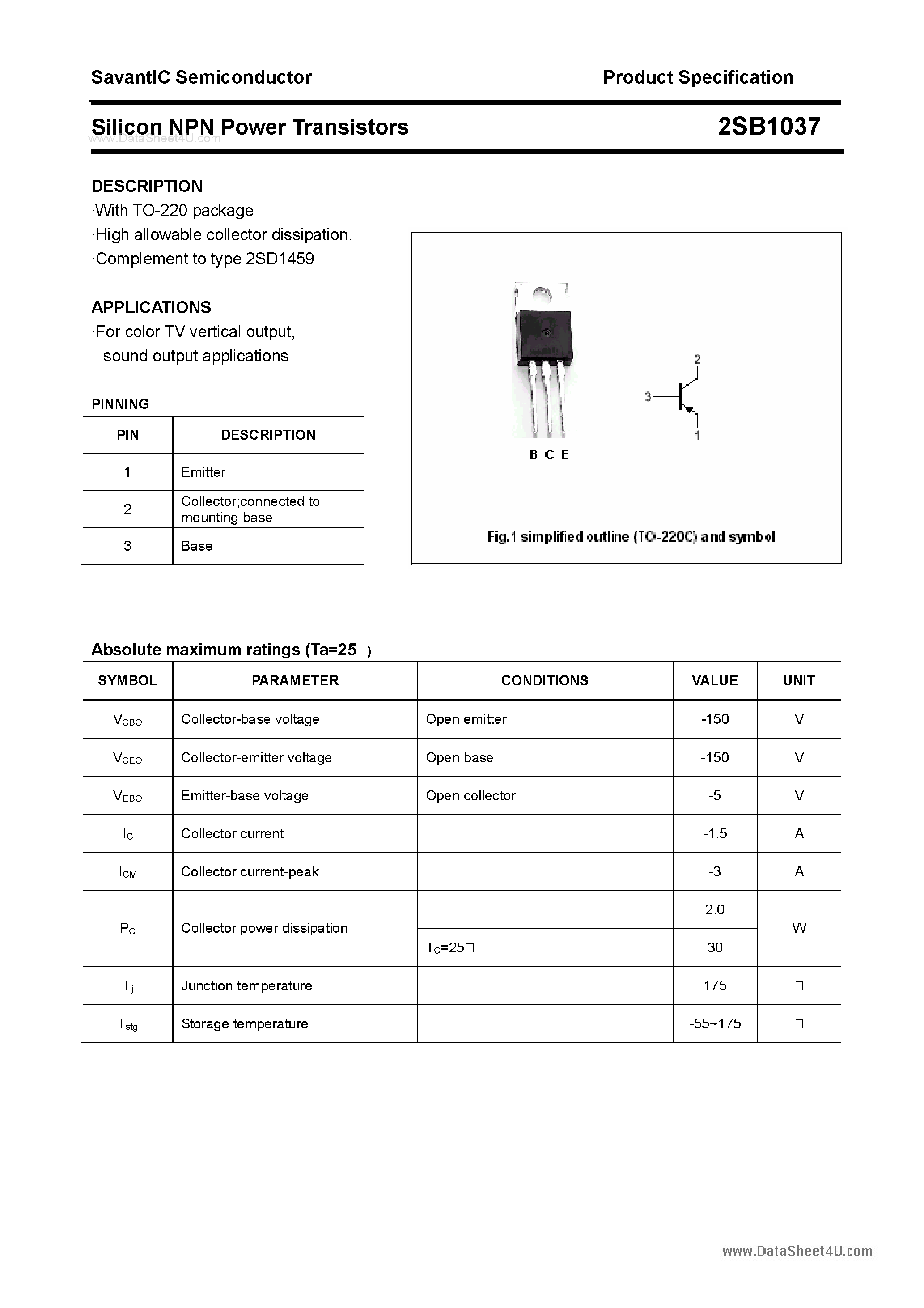 Datasheet 2SB1037 - SILICON POWER TRANSISTOR page 1
