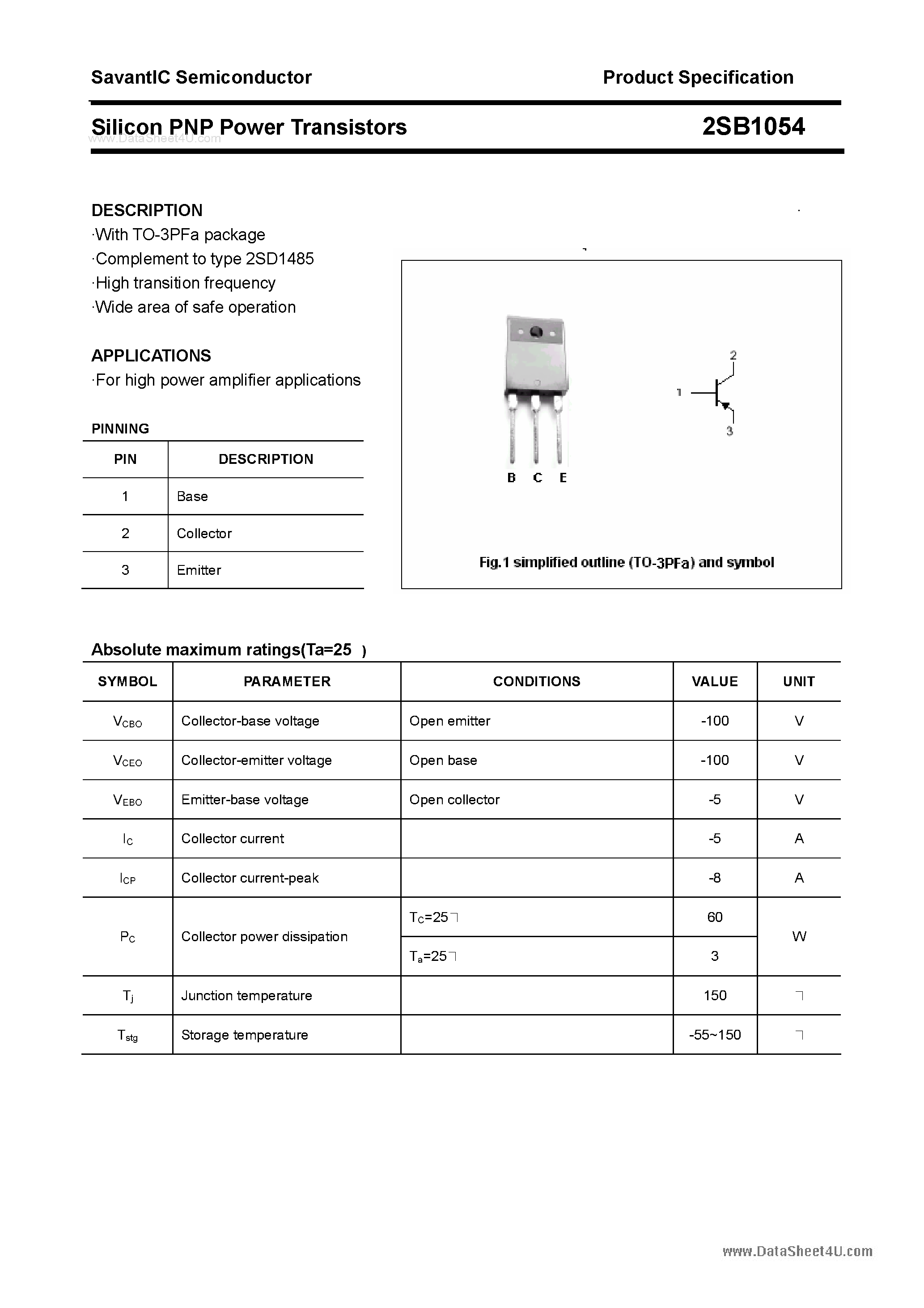 Datasheet 2SB1054 - SILICON POWER TRANSISTOR page 1