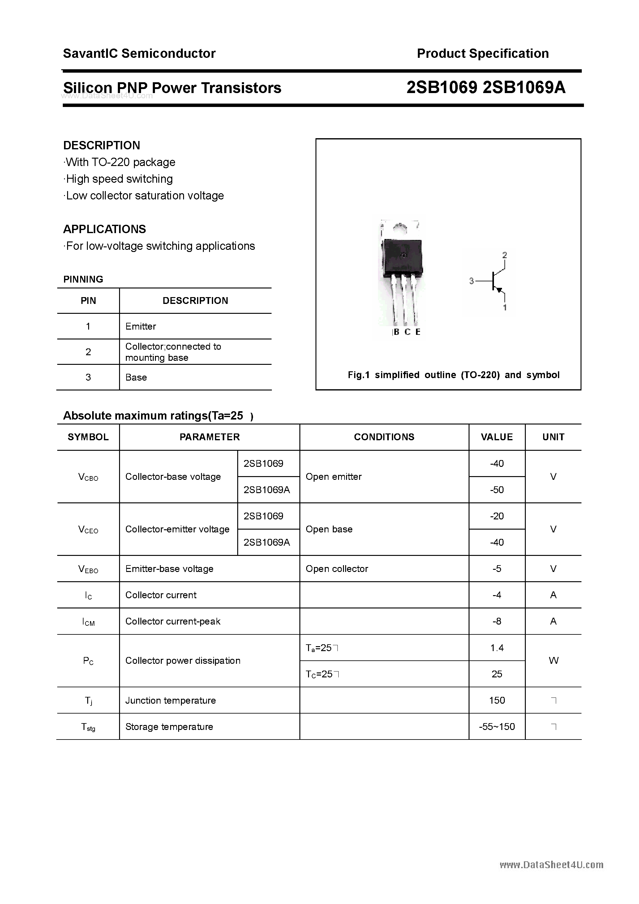 Datasheet 2SB1069 - SILICON POWER TRANSISTOR page 1