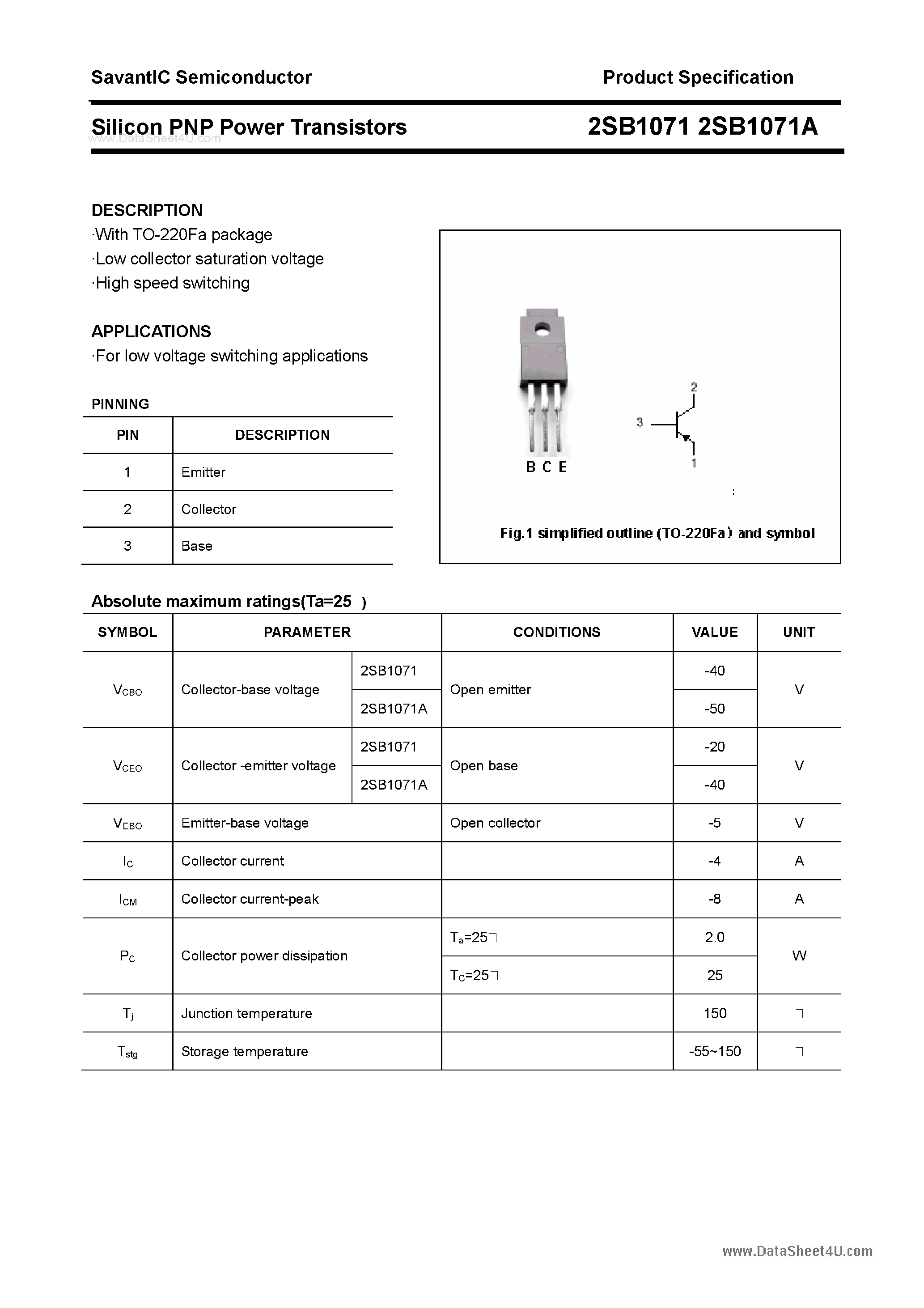 Datasheet 2SB1071 page 1 Datasheet 2SB1071 - SILICON POWER TRANSISTOR page 1