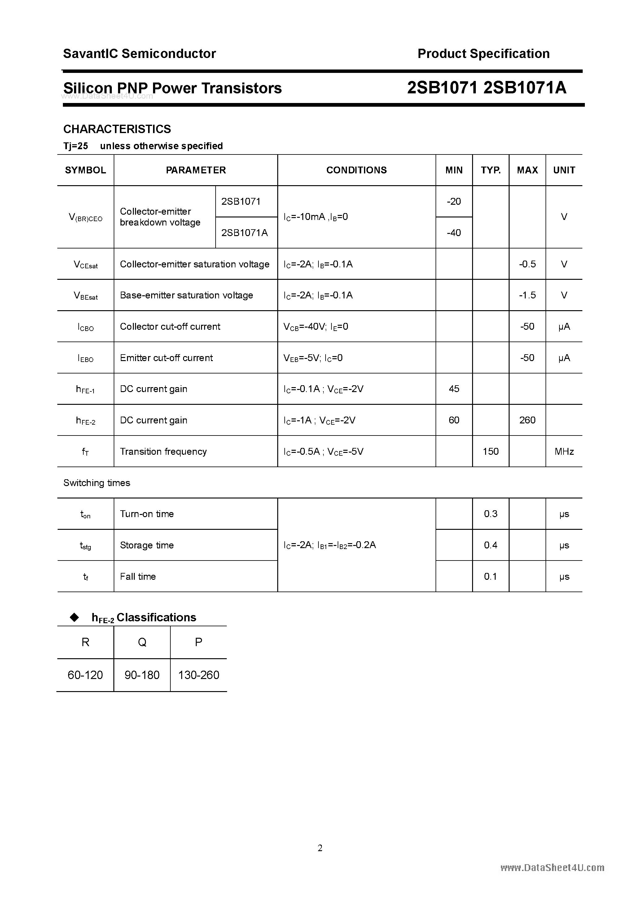 Datasheet 2SB1071 page 2 Datasheet 2SB1071 - SILICON POWER TRANSISTOR page 2
