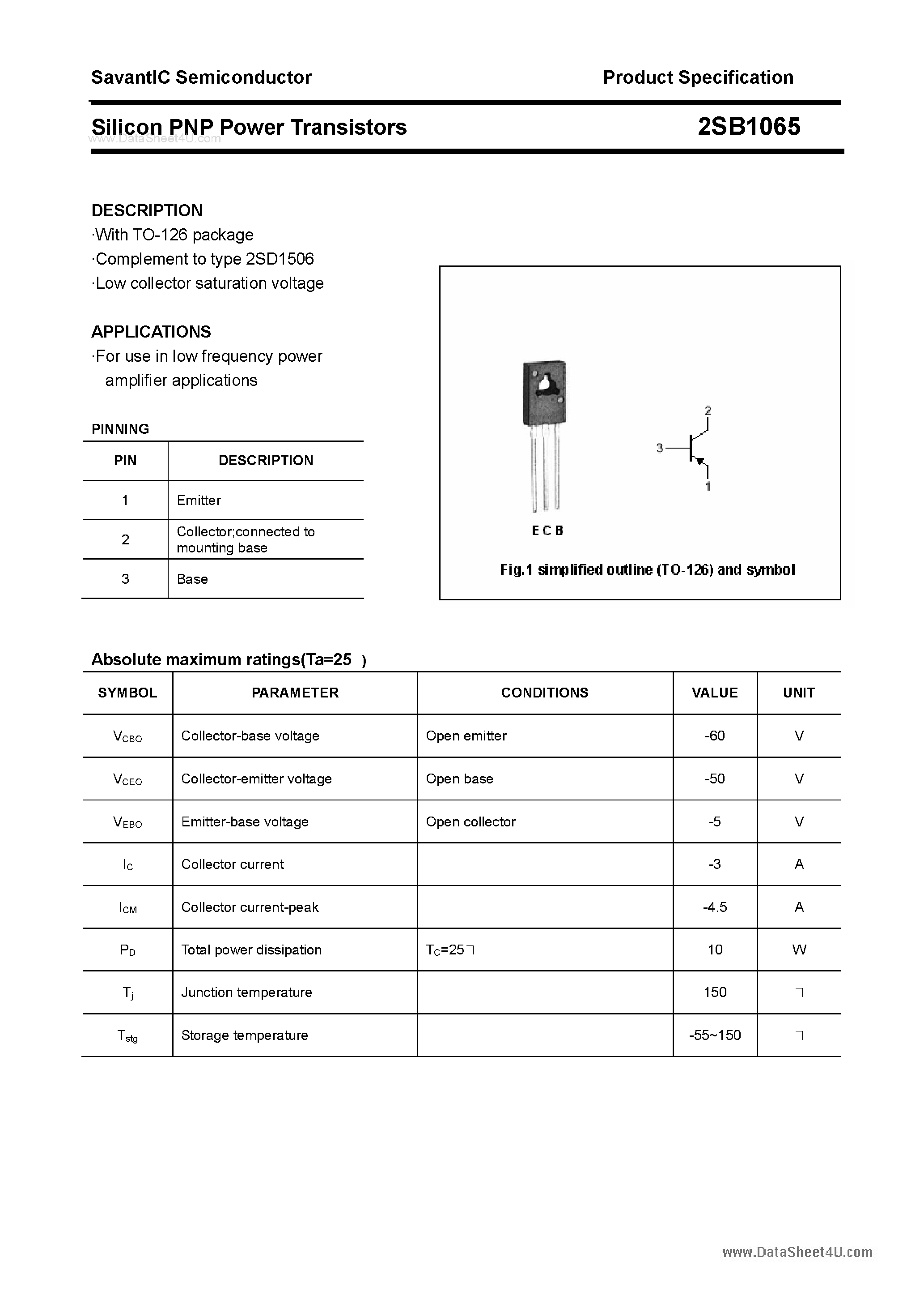 Datasheet 2SB1065 - SILICON POWER TRANSISTOR page 1