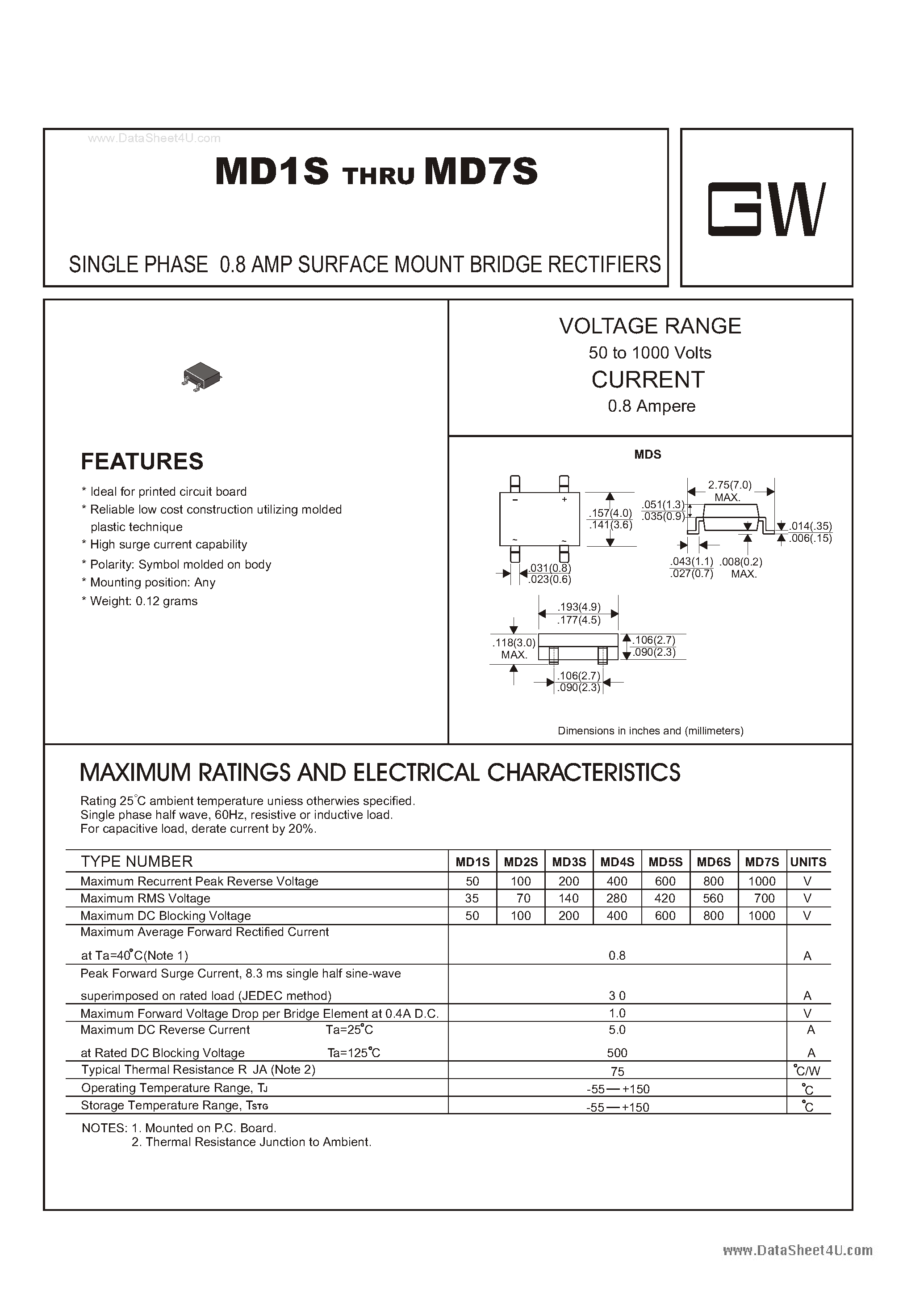 Datasheet MD5S - SINGLE PHASE 0.8 AMP SURFACE MOUNT BRIDGE RECTIFIERS page 1