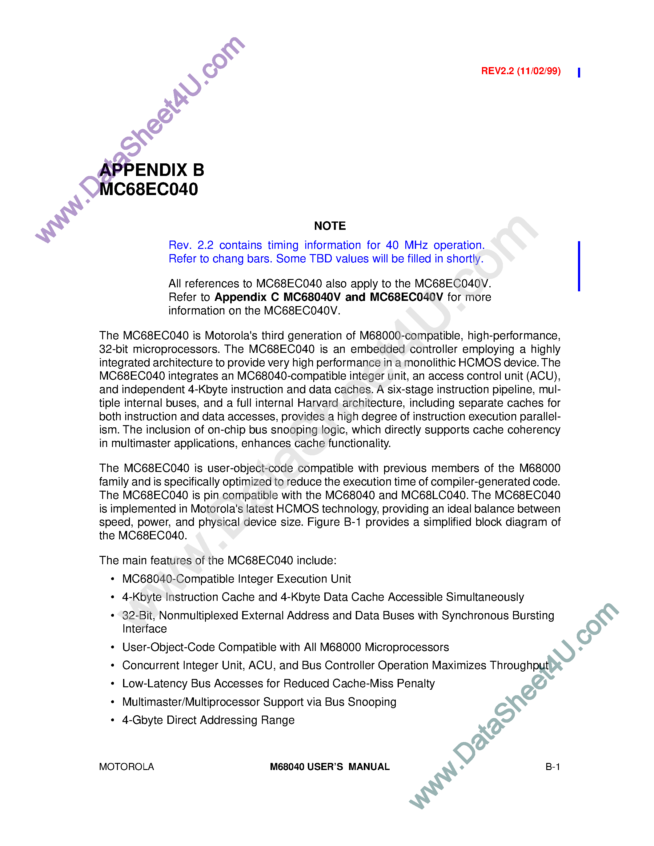 Datasheet MC68EC040 - Microprocessor page 1