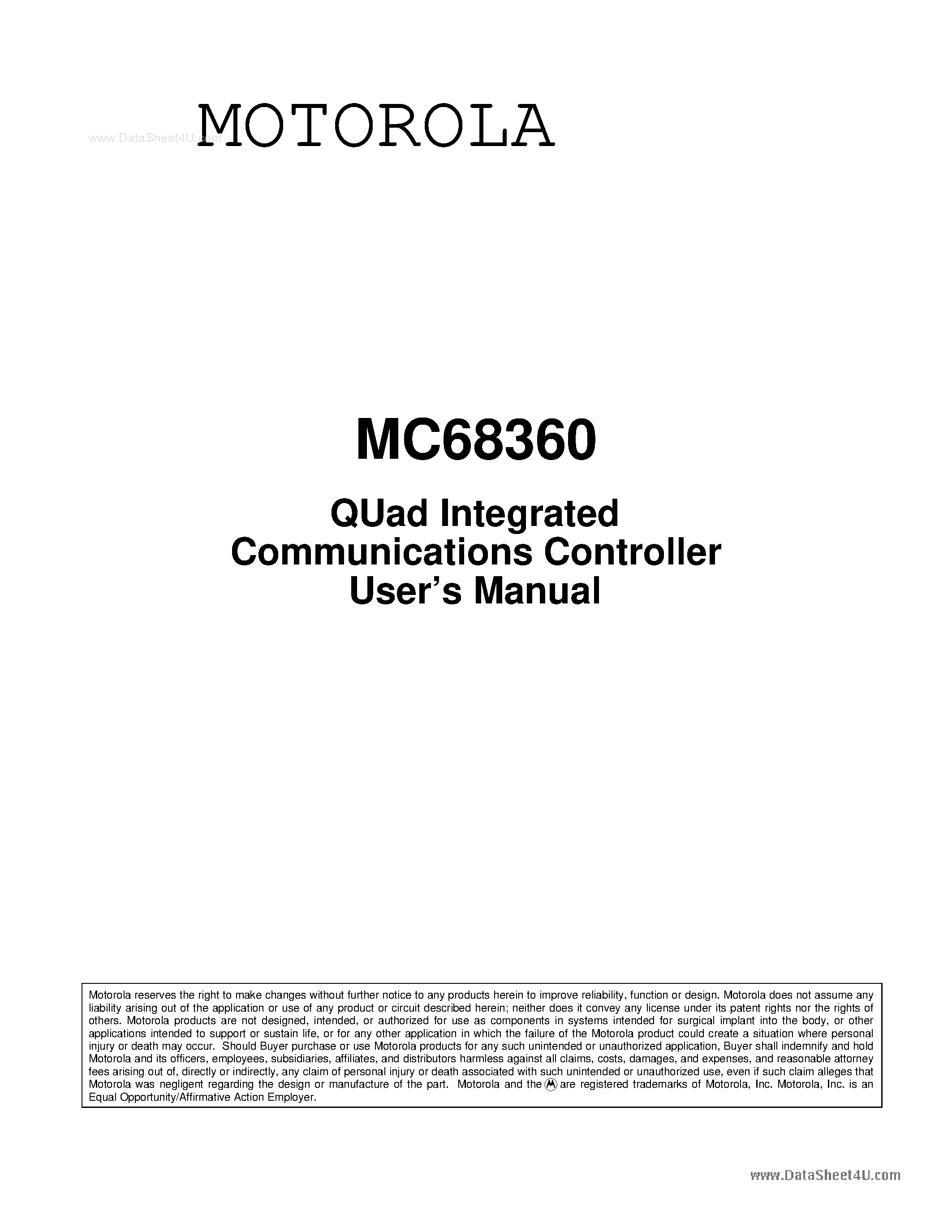 Даташит на микросхему MC68360 страница 1 Даташит MC68360 - QUad Integrated Communications Controller Users Manual страница 1