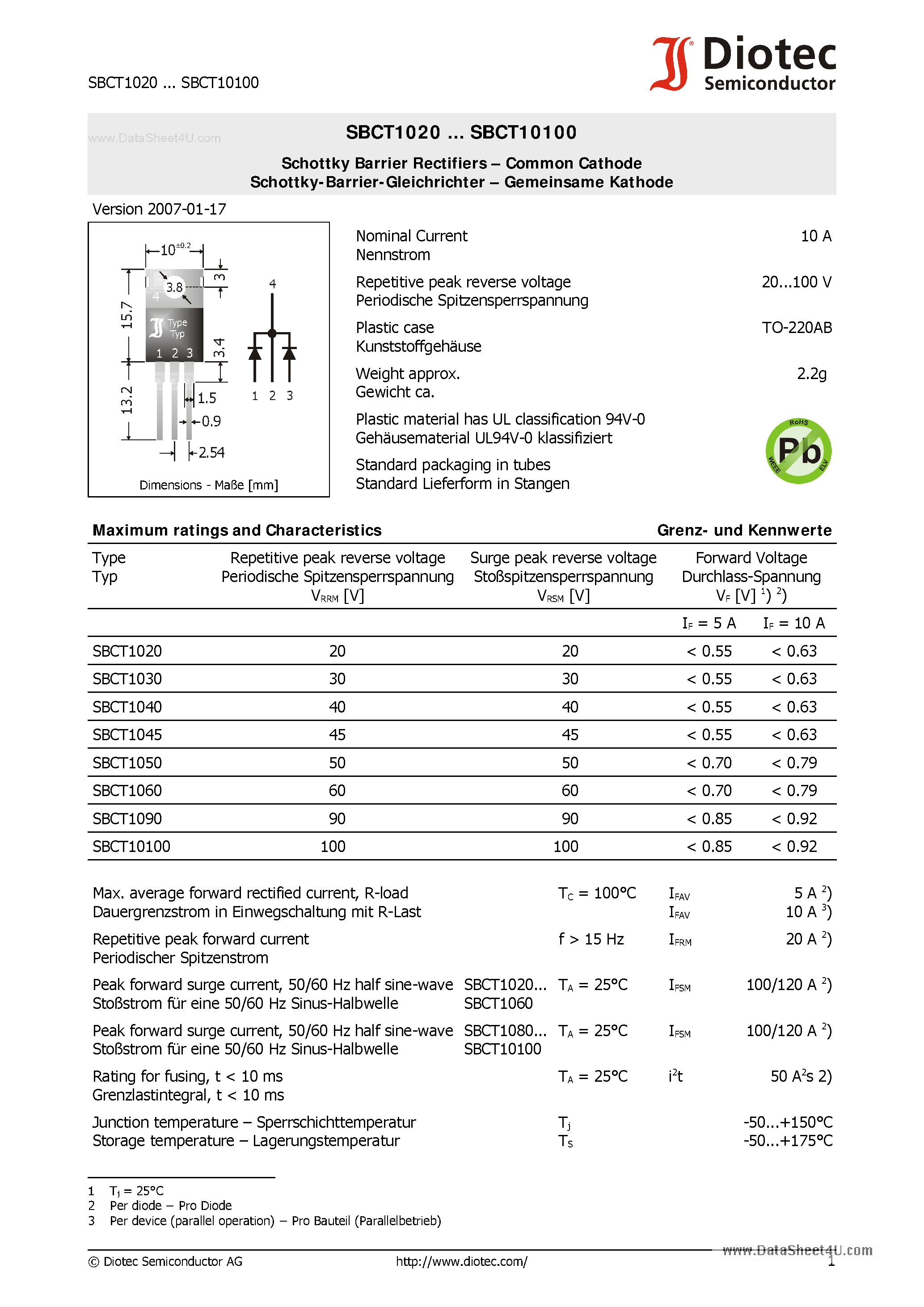 Datasheet SBCT10100 page 1 Datasheet SBCT10100 - (SBCT1020 - SBCT10100) Schottky Barrier Rectifiers page 1