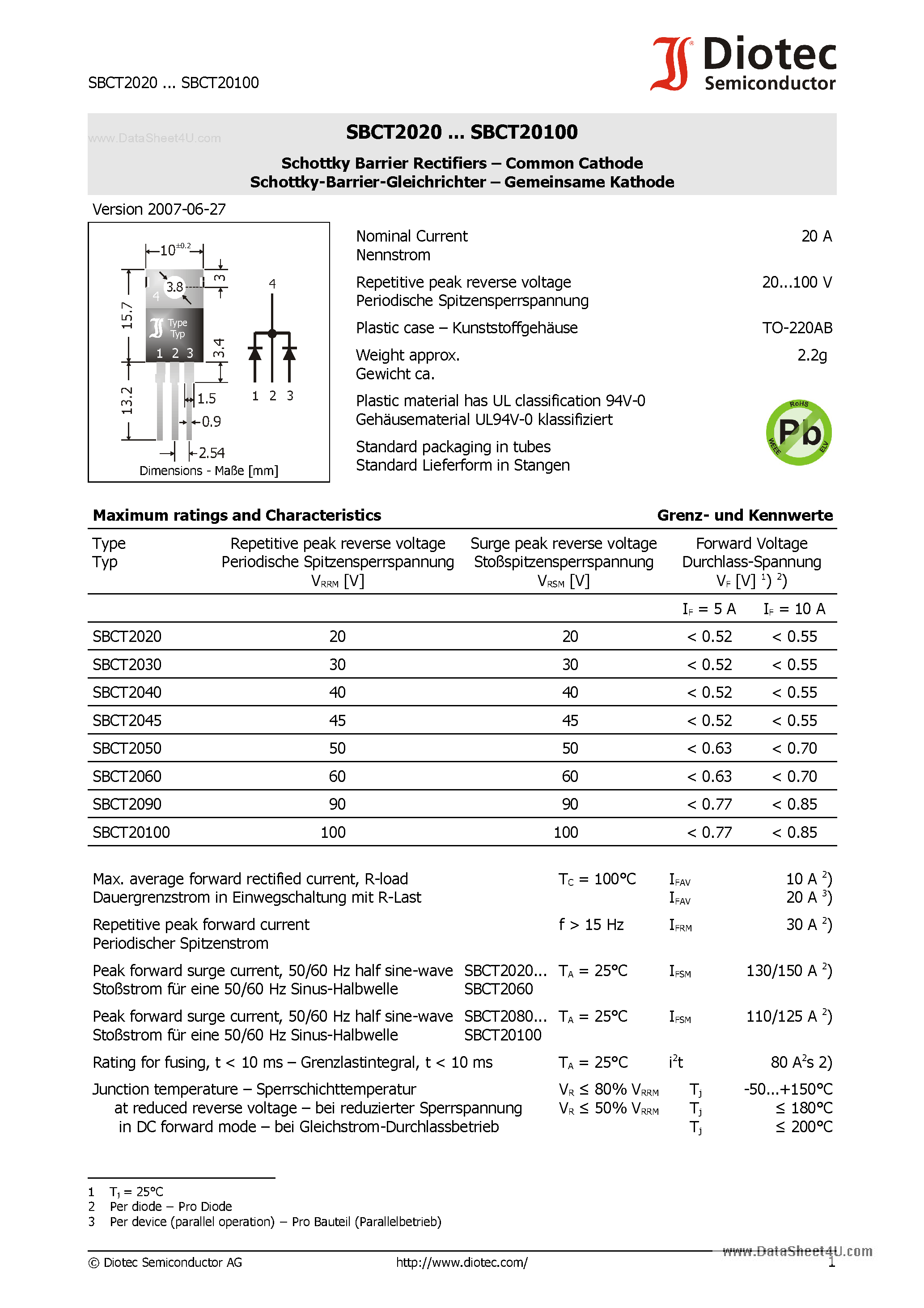 Datasheet SBCT20100 page 1 Datasheet SBCT20100 - (SBCT2020 - SBCT20100) Schottky Barrier Rectifiers page 1