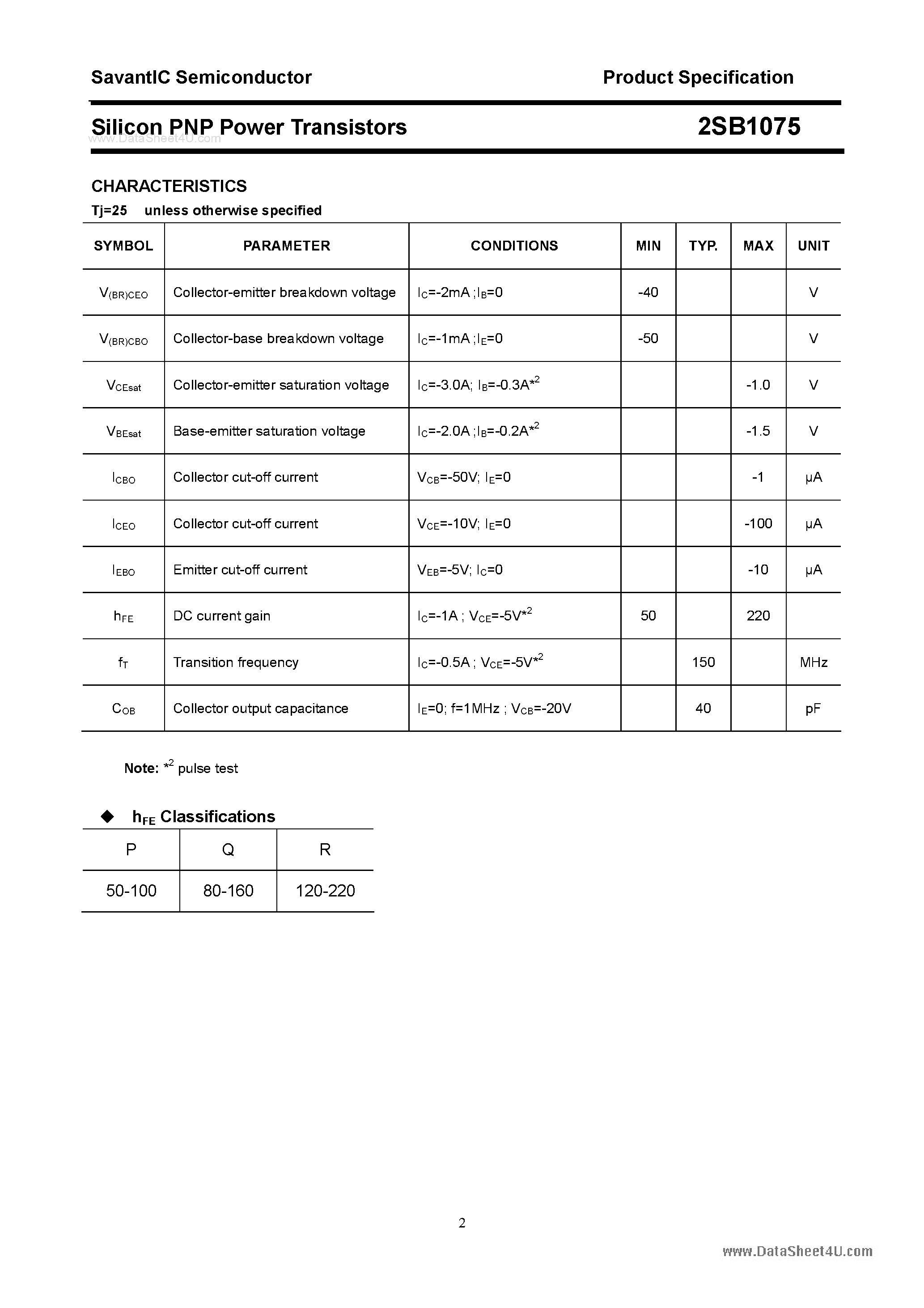 Datasheet 2SB1075 page 2 Datasheet 2SB1075 - SILICON POWER TRANSISTOR page 2