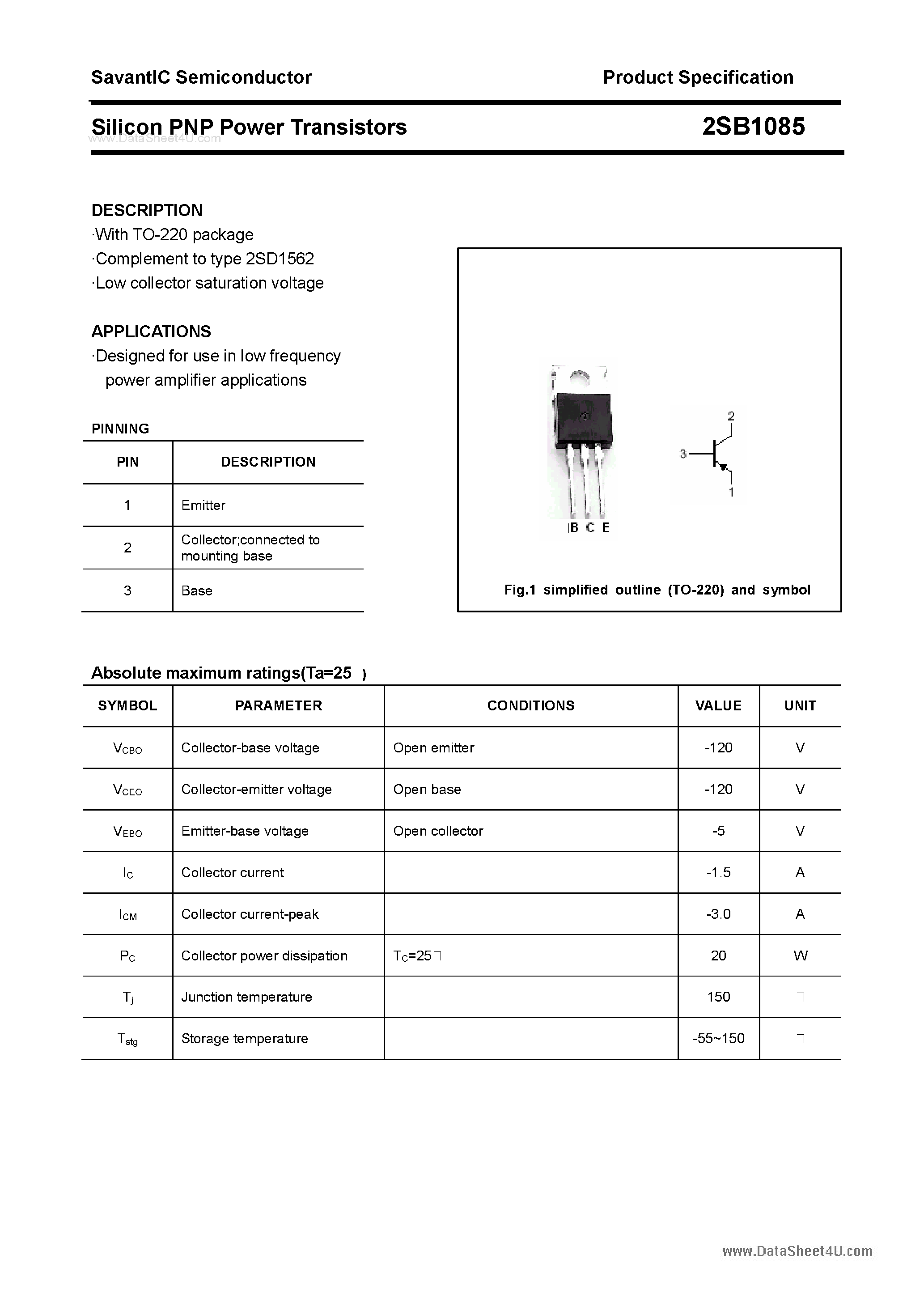 Datasheet 2SB1085 - SILICON POWER TRANSISTOR page 1
