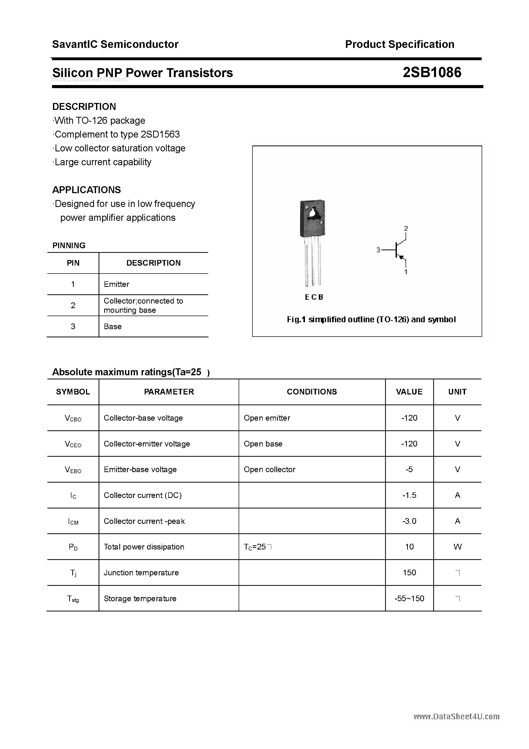 Datasheet 2SB1086 page 1 Datasheet 2SB1086 - SILICON POWER TRANSISTOR page 1