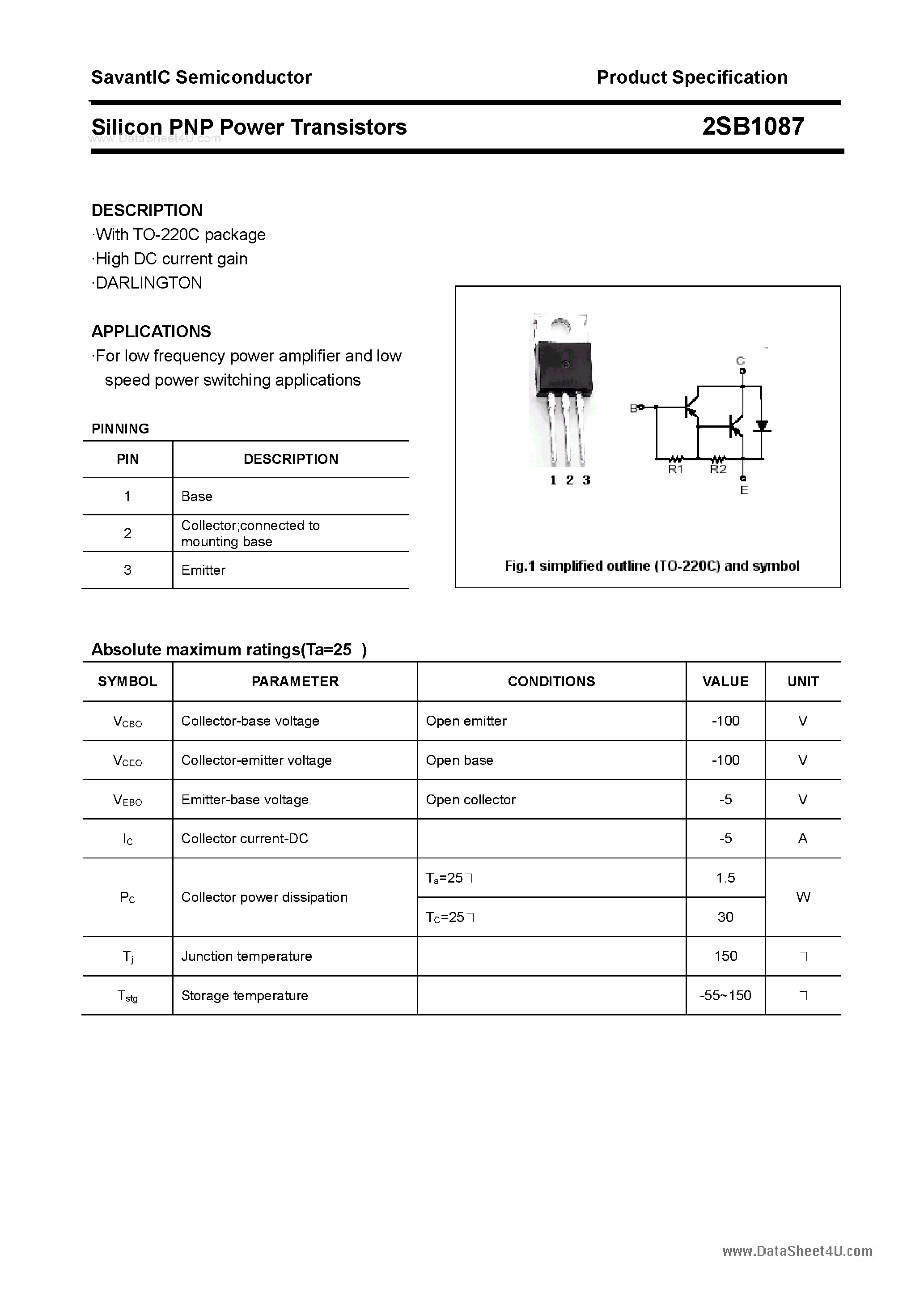 Datasheet 2SB1087 page 1 Datasheet 2SB1087 - SILICON POWER TRANSISTOR page 1