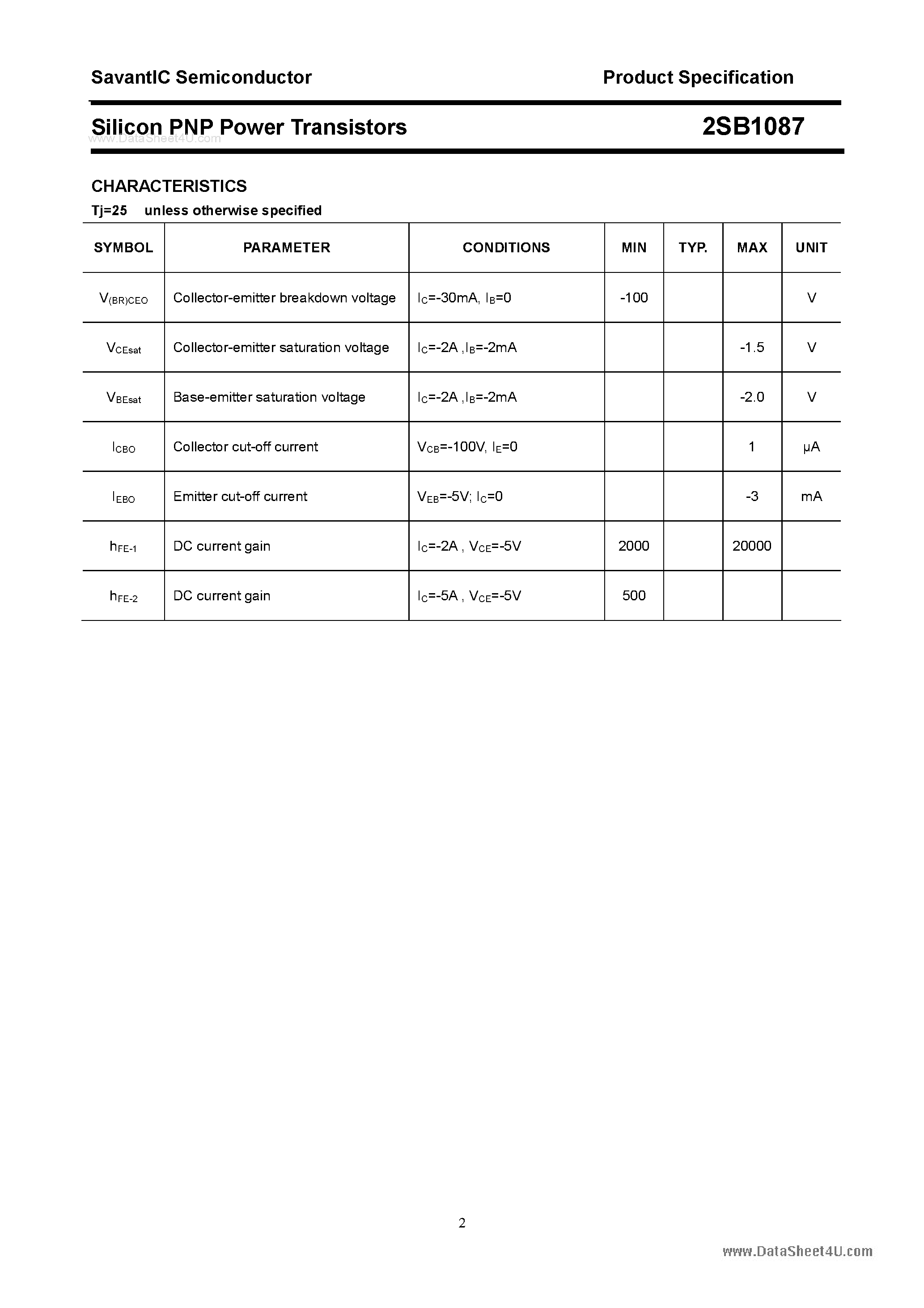 Datasheet 2SB1087 page 2 Datasheet 2SB1087 - SILICON POWER TRANSISTOR page 2