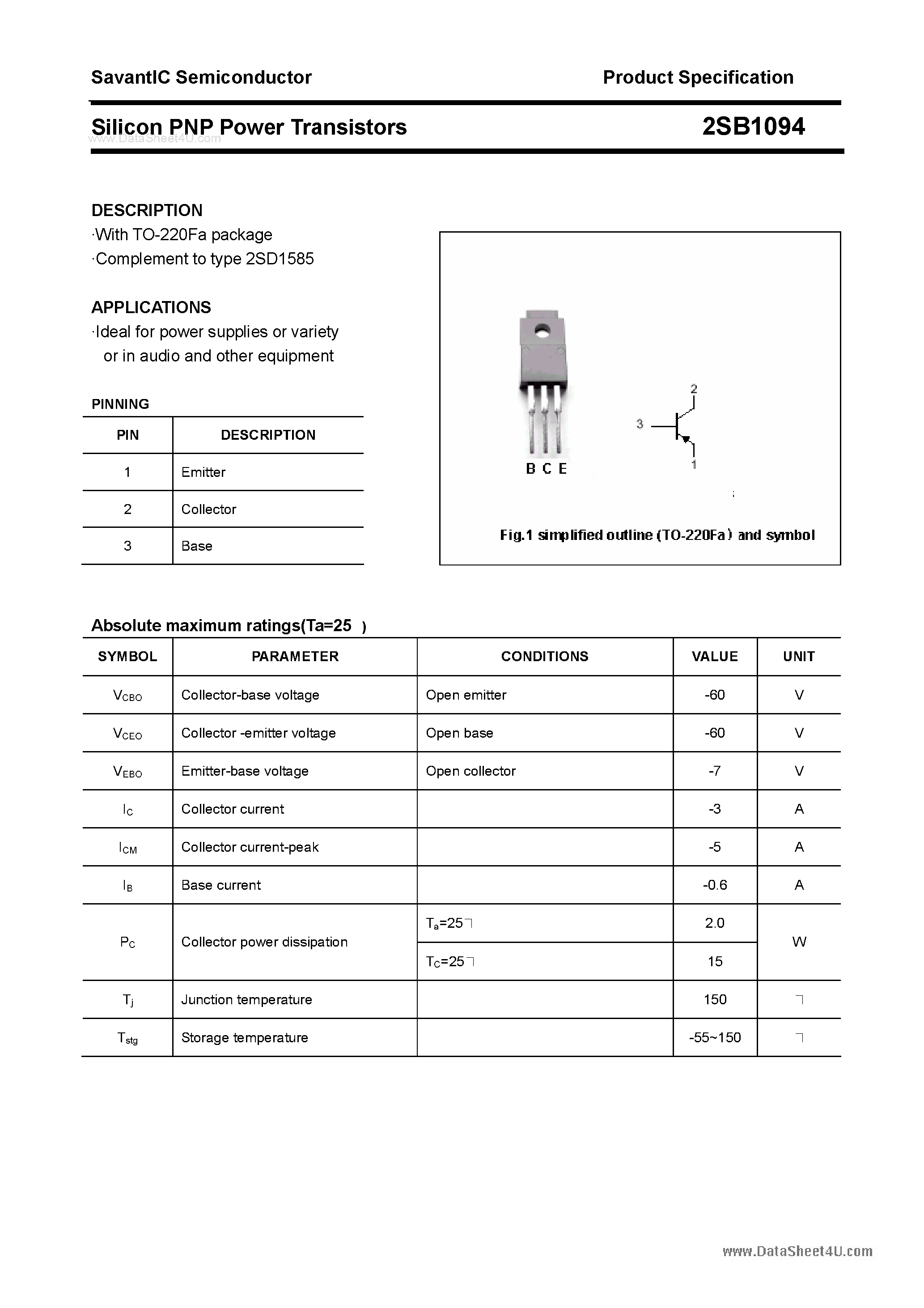Datasheet 2SB1094 - SILICON POWER TRANSISTOR page 1