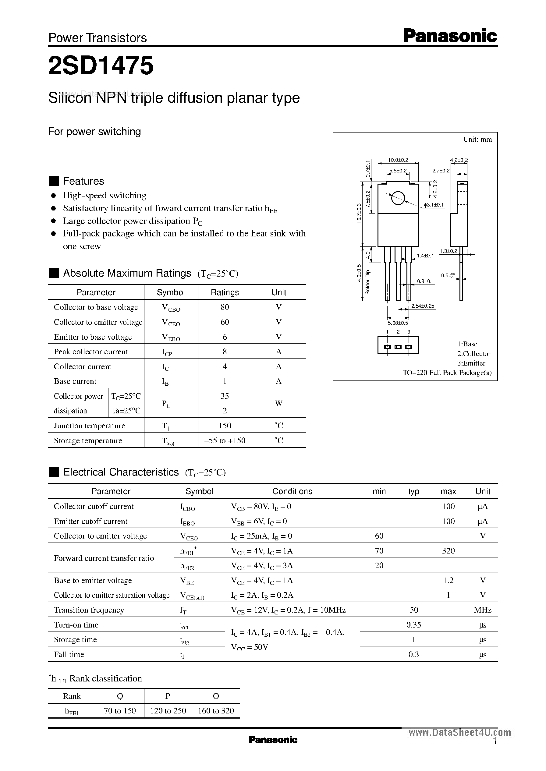 Datasheet 2SD1475 - Silicon NPN Triple Diffusion Planar Type page 1