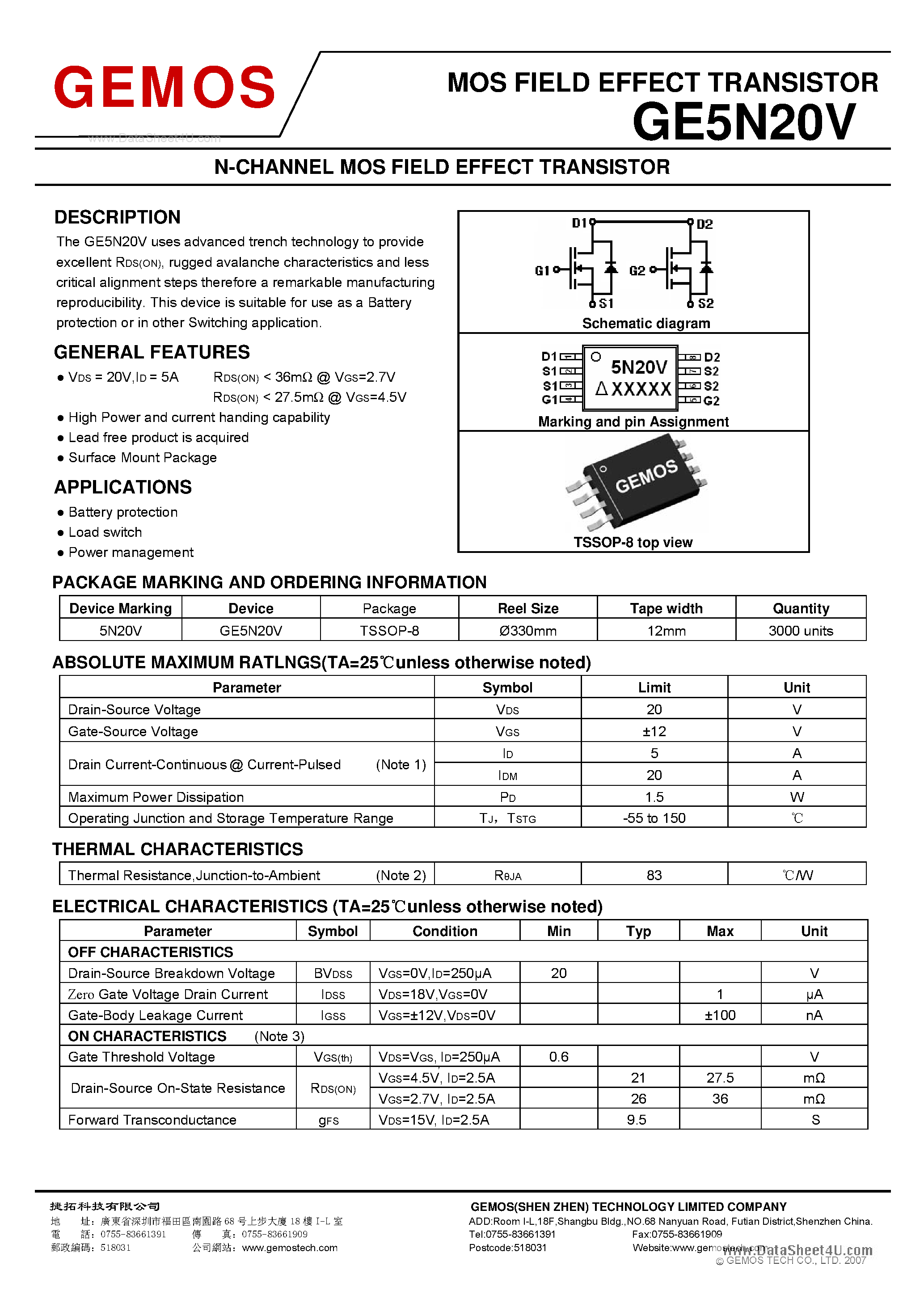 Datasheet GE5N20V page 1 Datasheet GE5N20V - N-Channel MOS Field Effect Transistor page 1