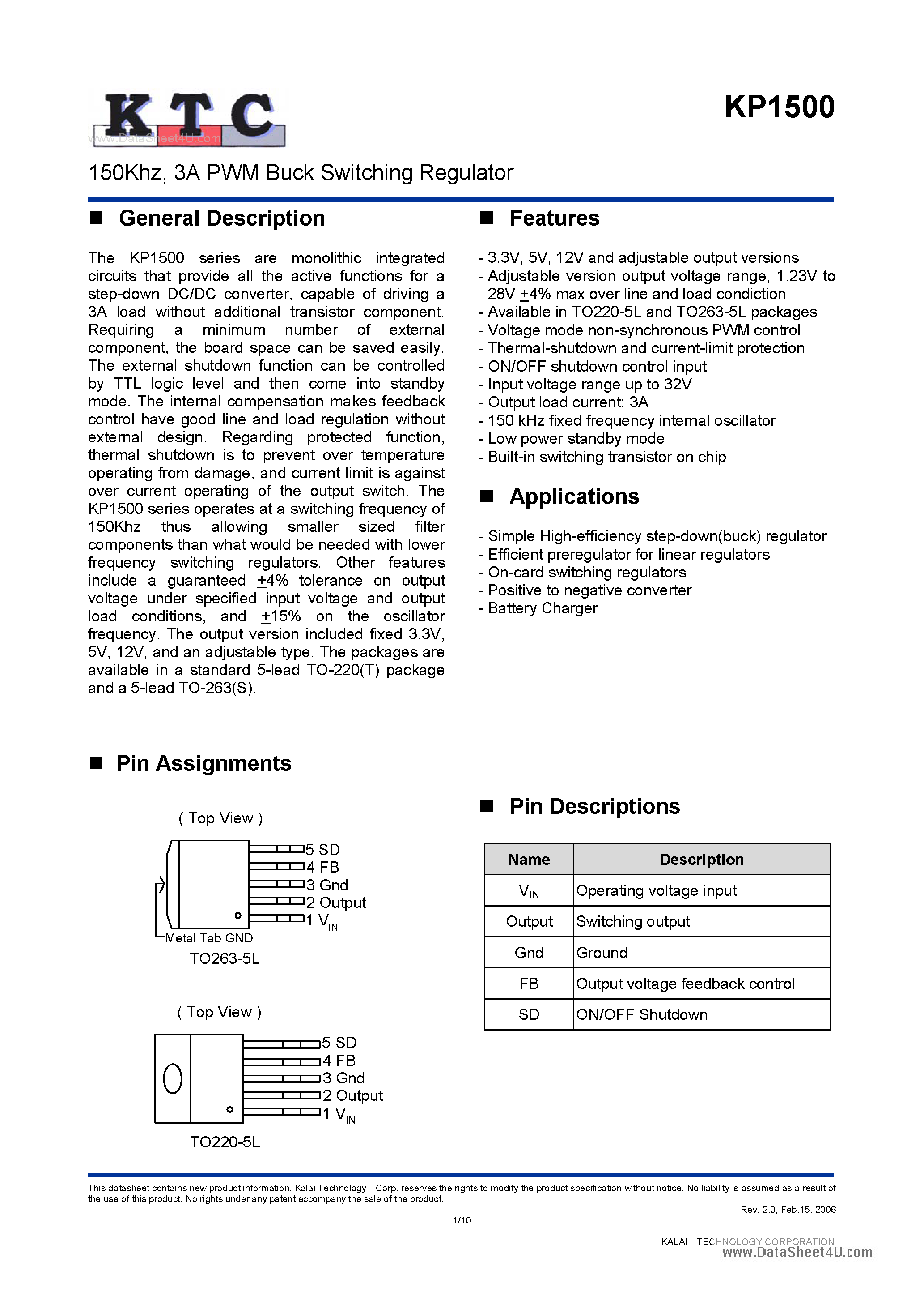 Datasheet KP1500 - 3A PWM Buck Switching Regulator page 1