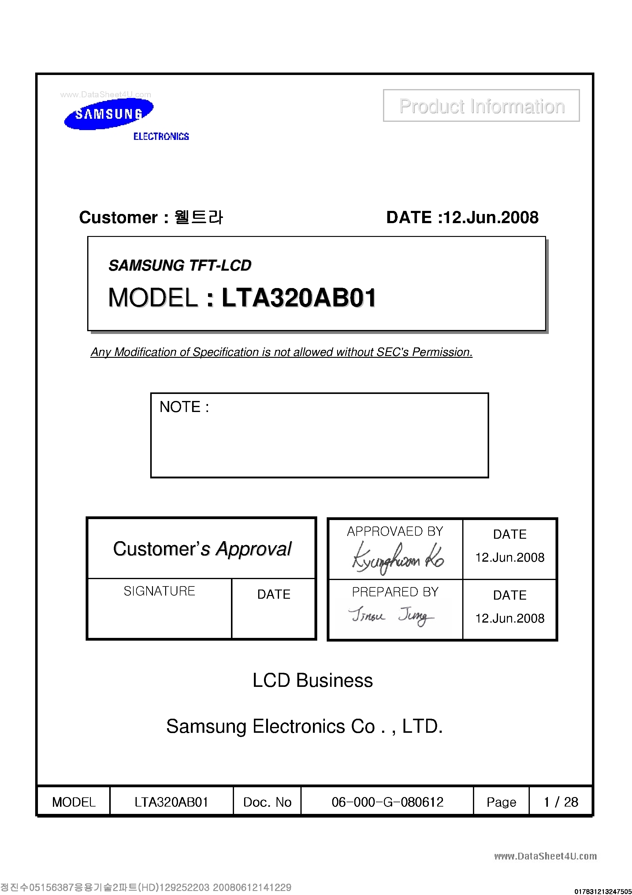 Datasheet LTA320AB01 page 1 Datasheet LTA320AB01 - TFT LCD Module page 1