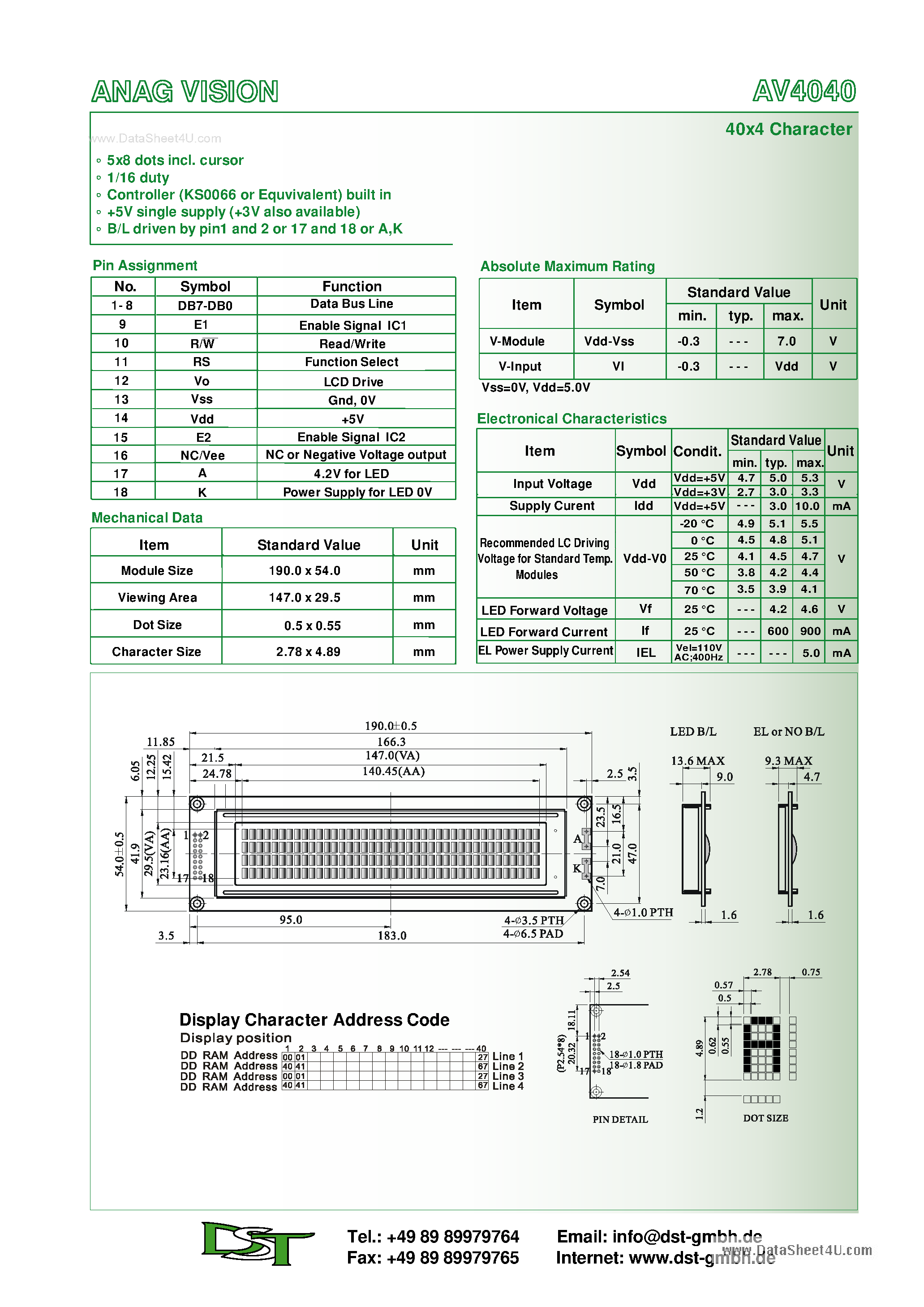 Datasheet AV4040 - 40 X 4 LCD Module page 1