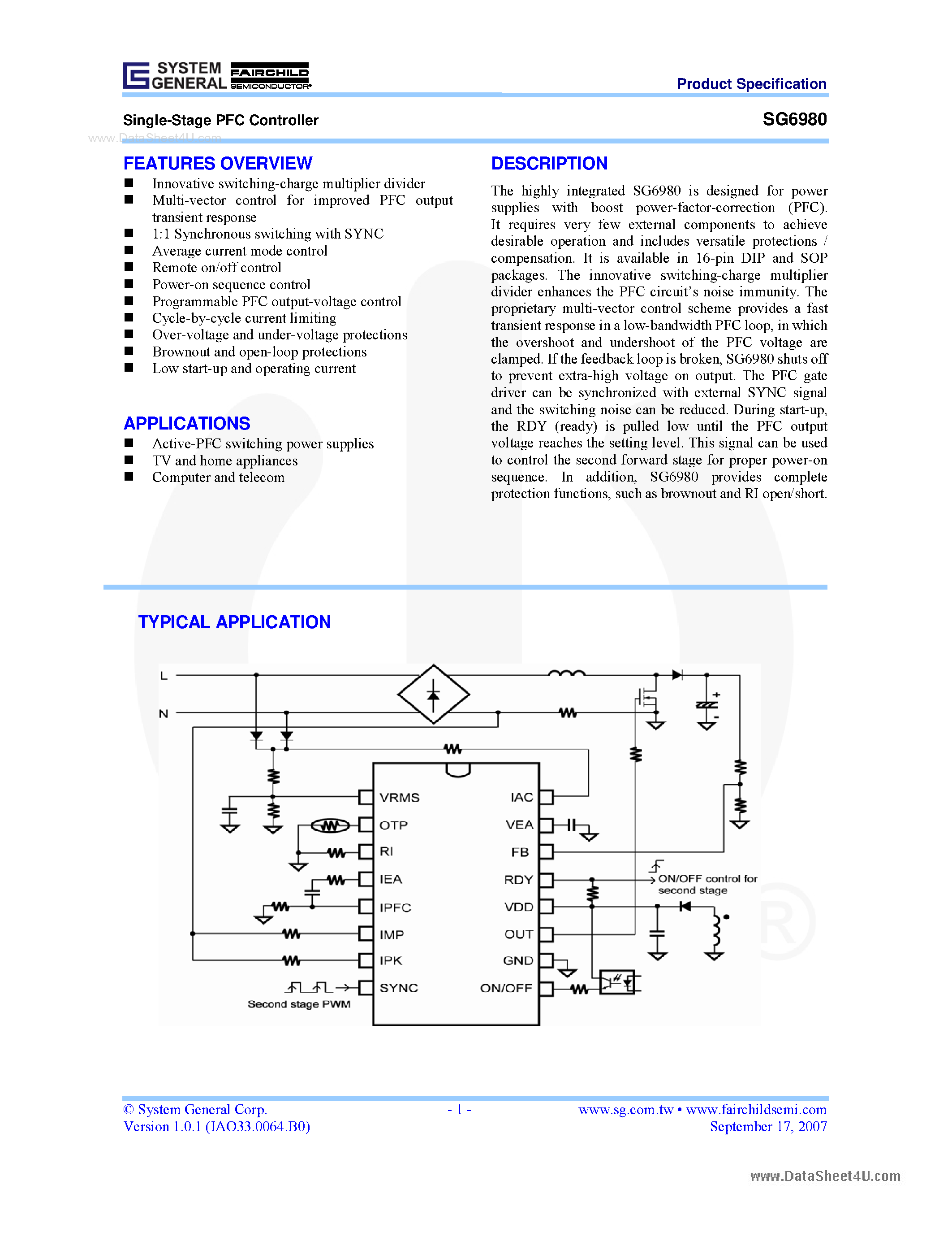 Datasheet SG6980 - Single-Stage PFC Controller page 1