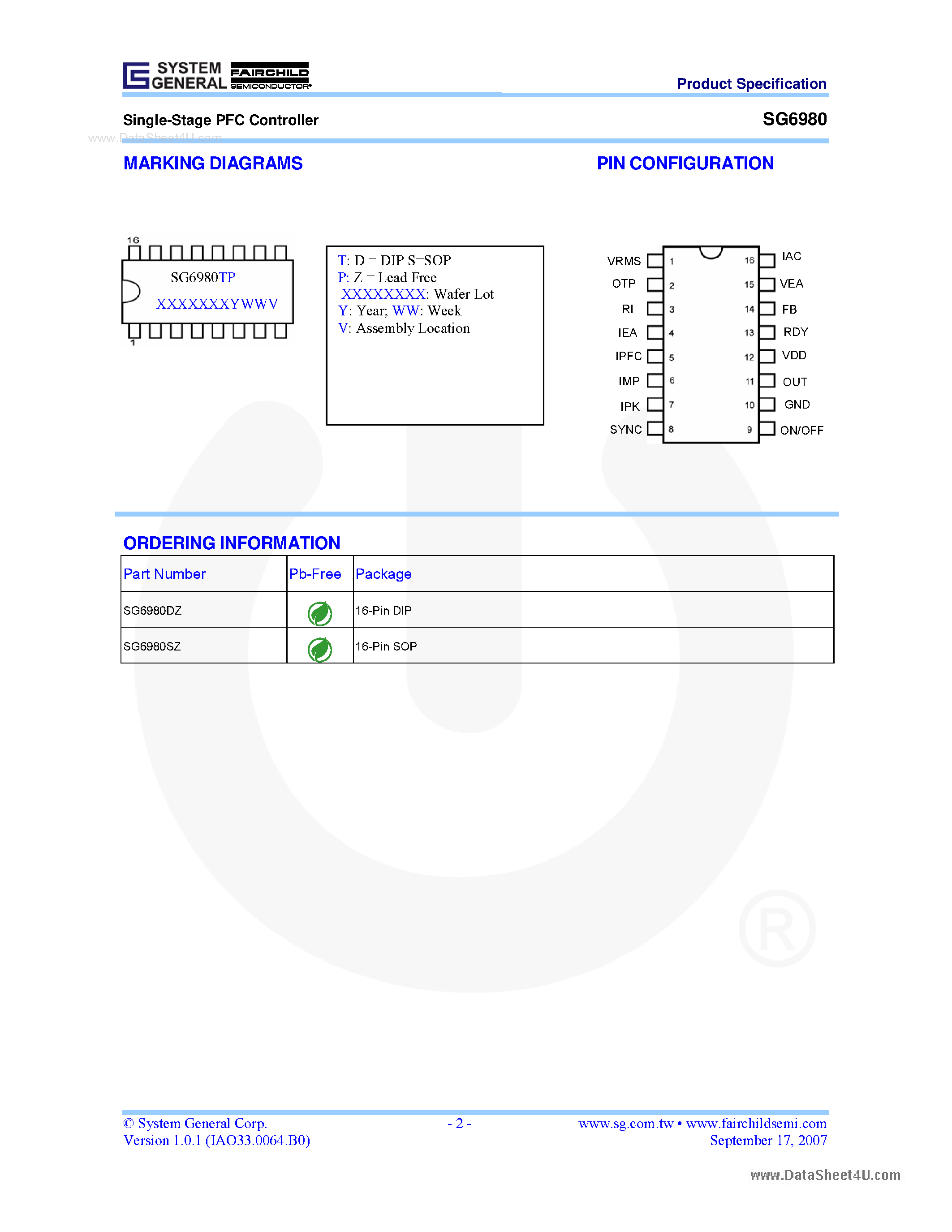 Datasheet SG6980 - Single-Stage PFC Controller page 2