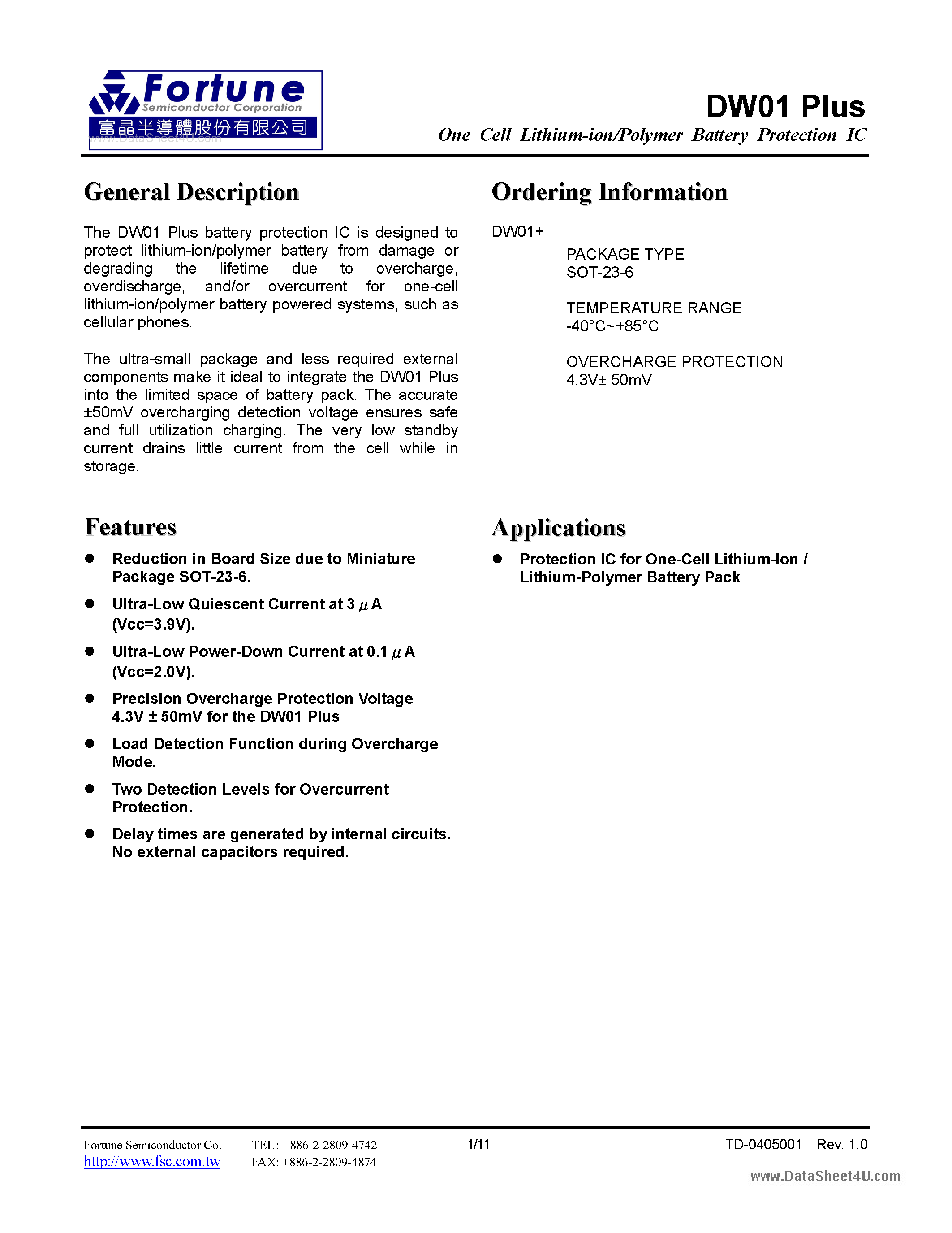 Datasheet DW01 - One Cell Lithium-ion/Polymer Battery Protection IC page 1