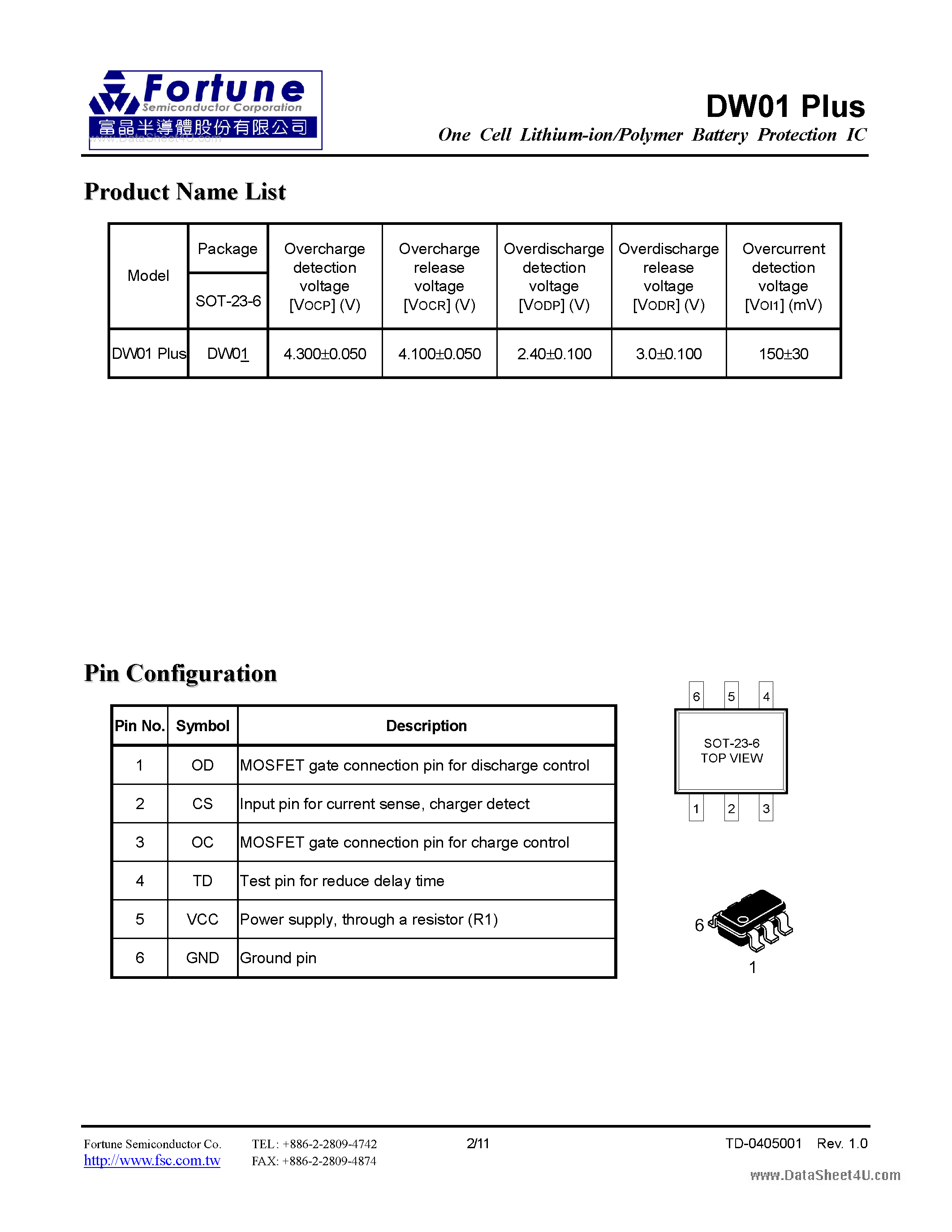 Datasheet DW01 - One Cell Lithium-ion/Polymer Battery Protection IC page 2