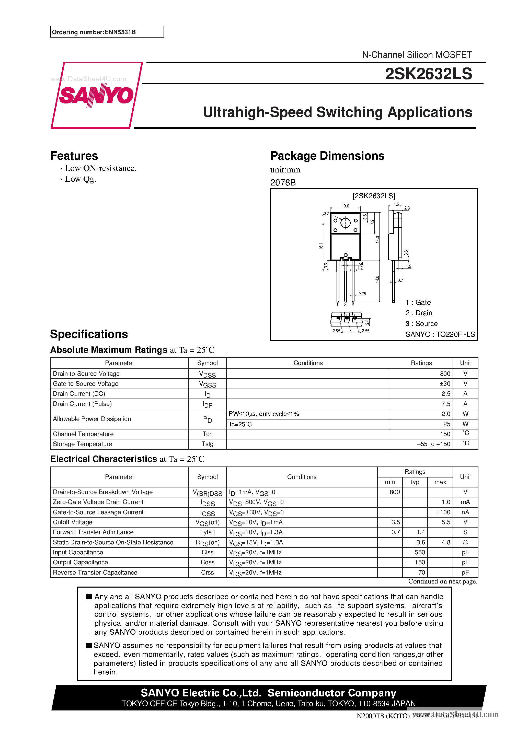Datasheet 2SK2632LS page 1 Datasheet 2SK2632LS - N-Channel Silicon MOSFET page 1