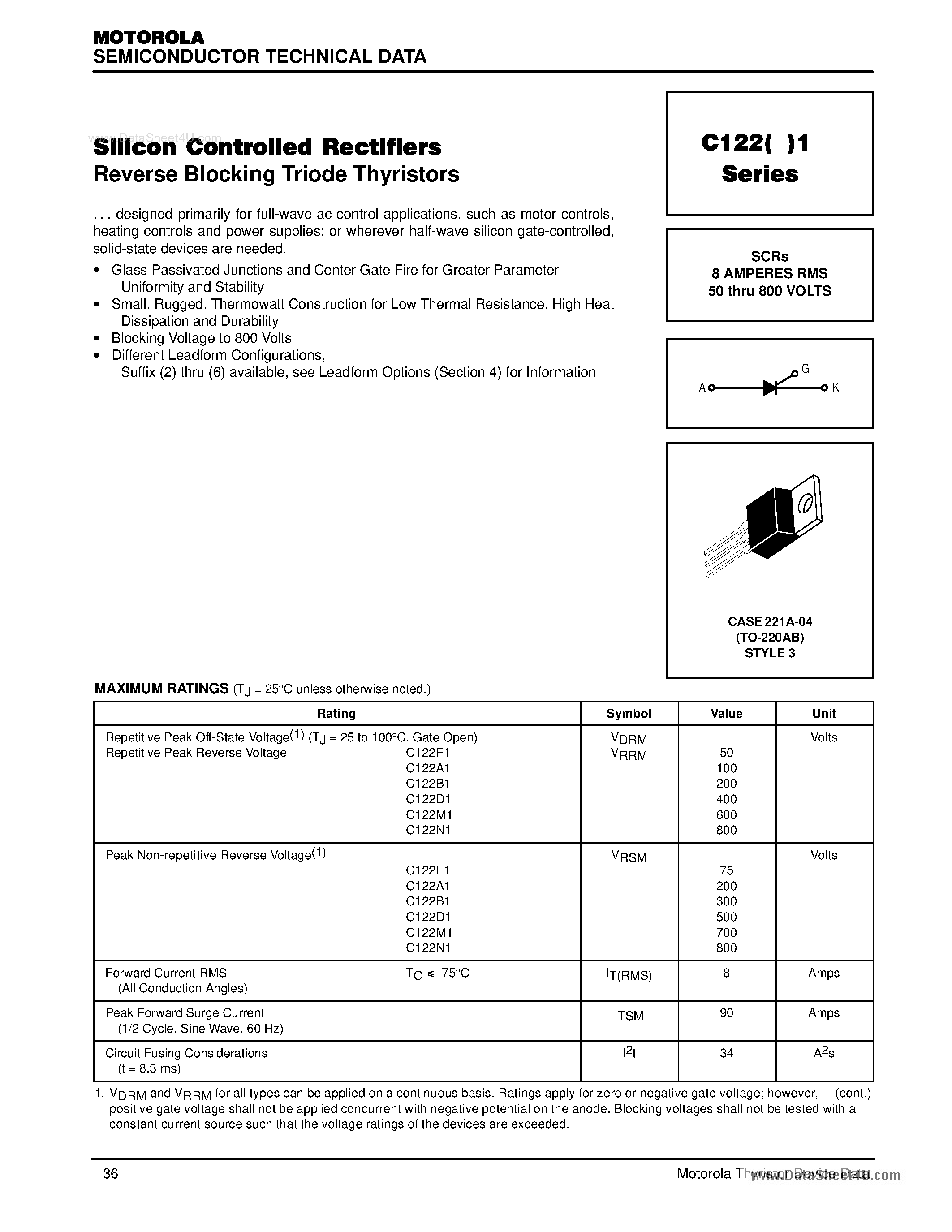 Datasheet C122B1 page 1 Datasheet C122B1 - SILICON CONTROLLED RECTIFIERS page 1