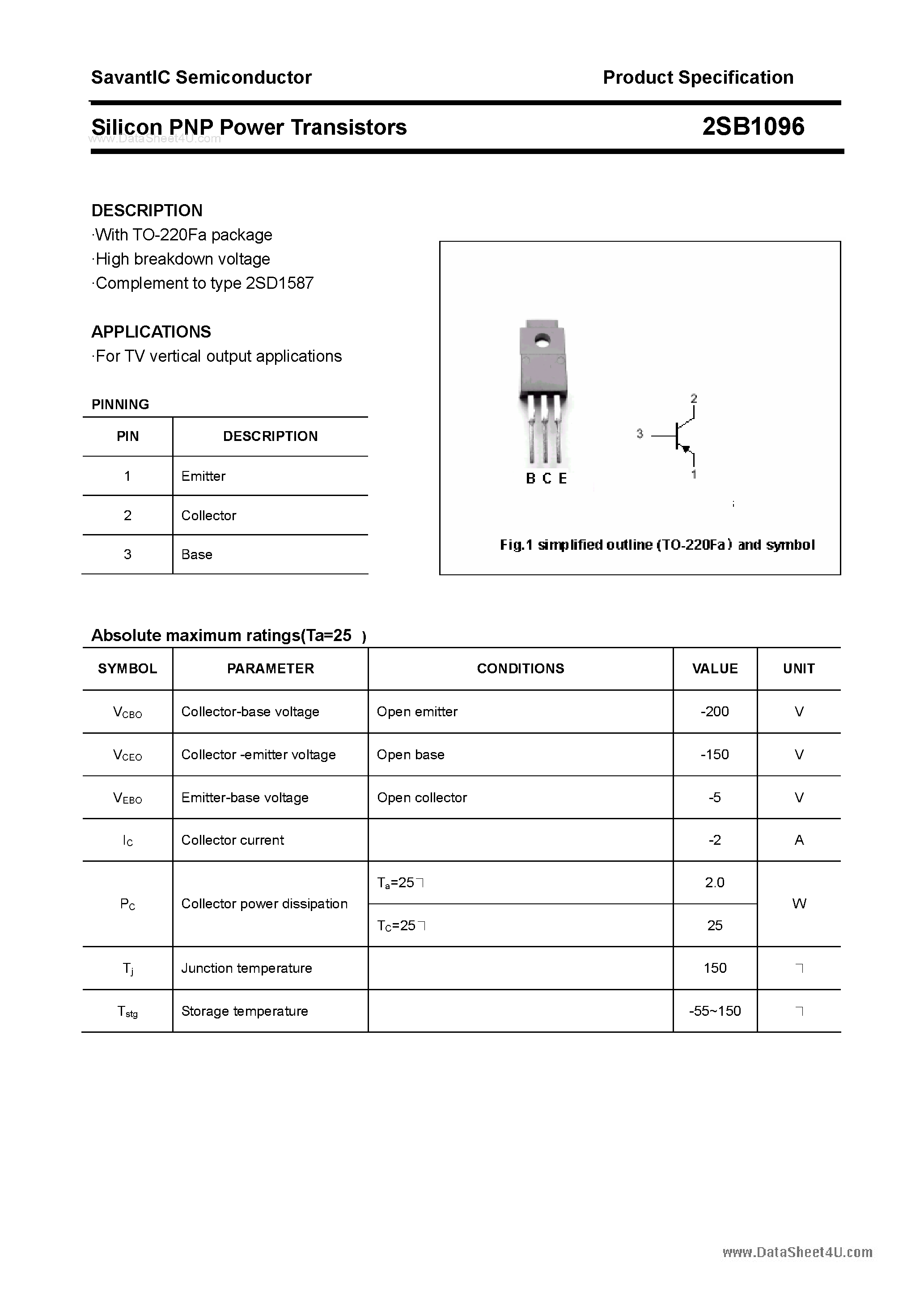 Datasheet 2SB1096 page 1 Datasheet 2SB1096 - SILICON POWER TRANSISTOR page 1