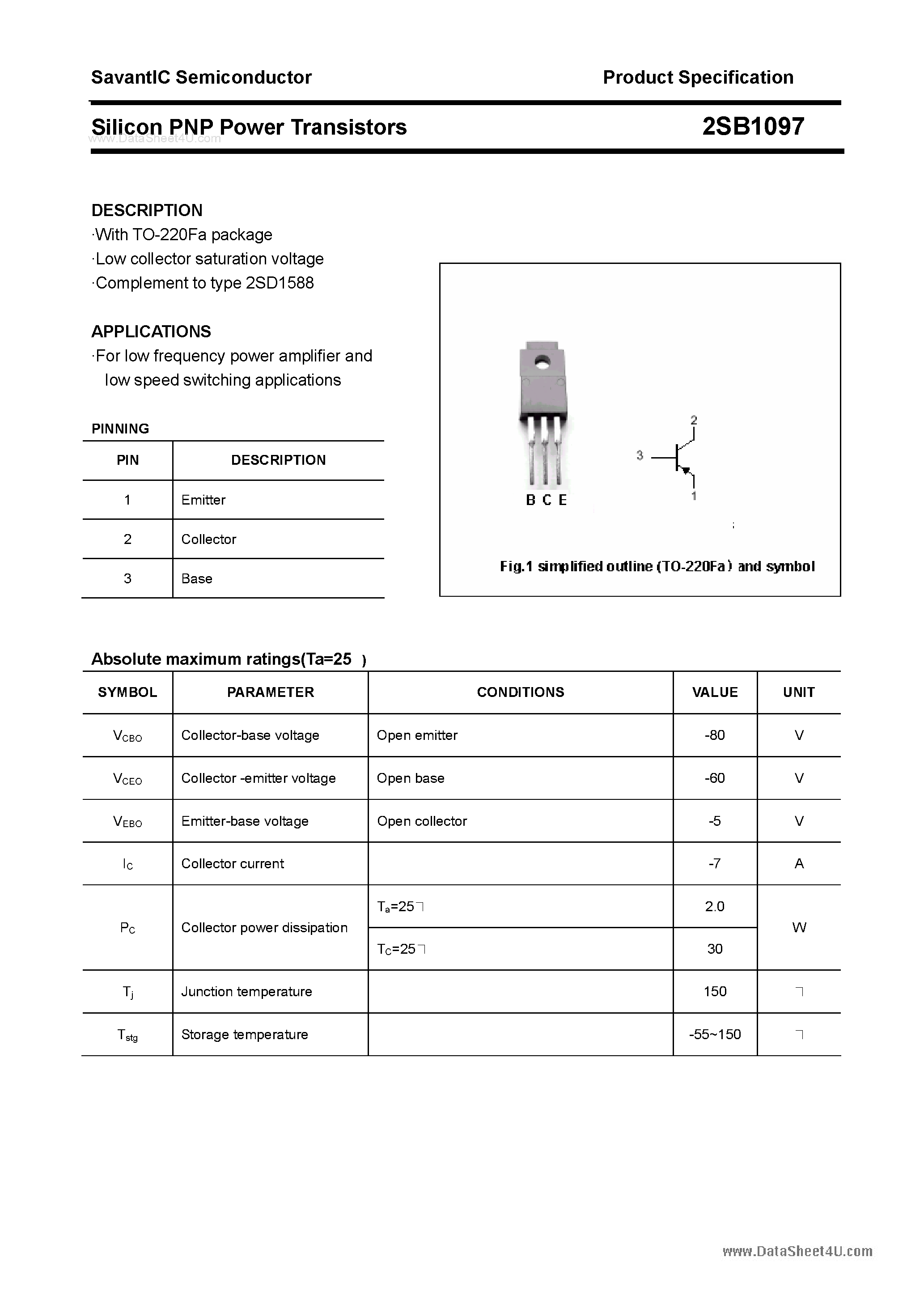 Datasheet 2SB1097 - SILICON POWER TRANSISTOR page 1
