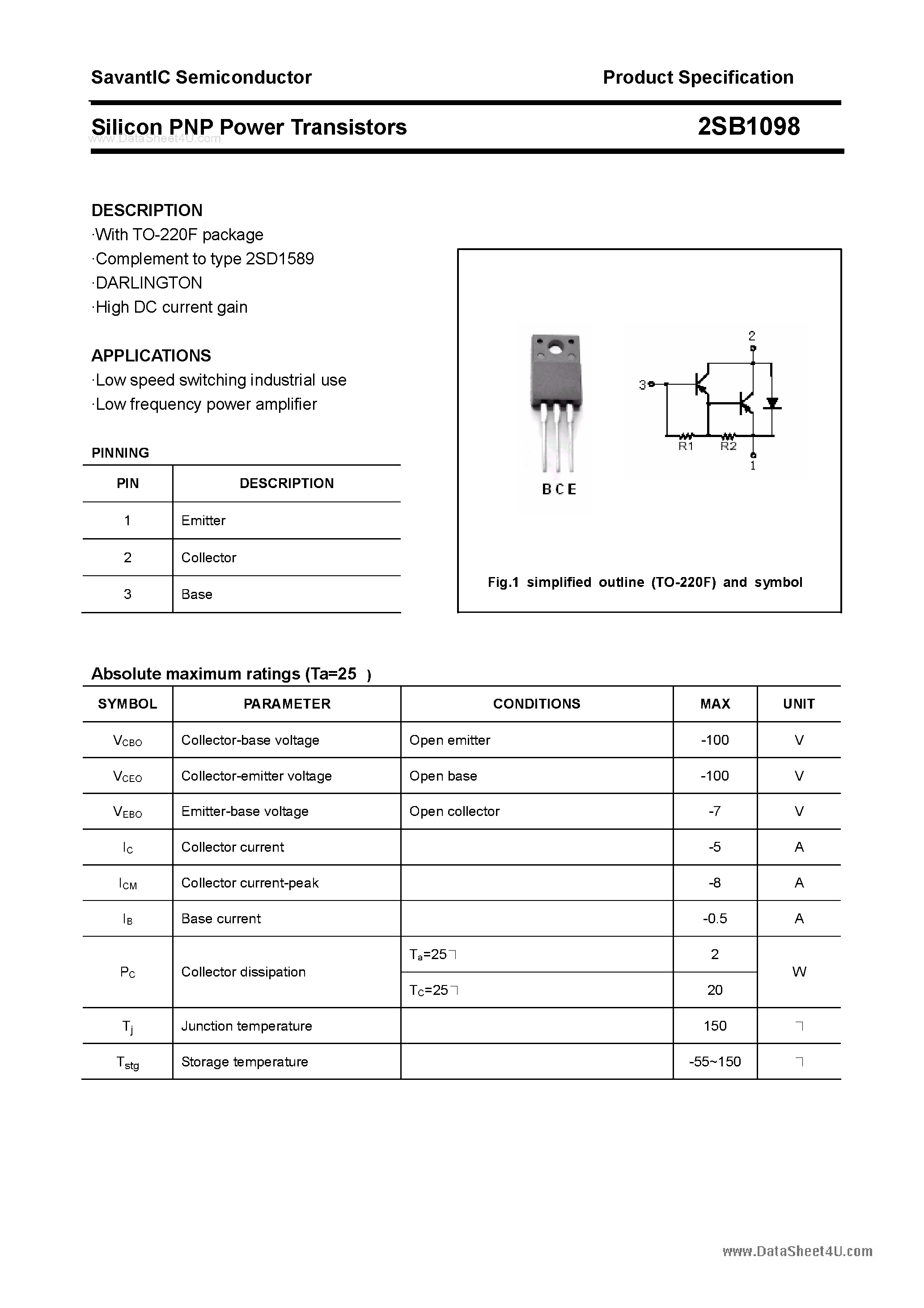 Datasheet 2SB1098 - SILICON POWER TRANSISTOR page 1
