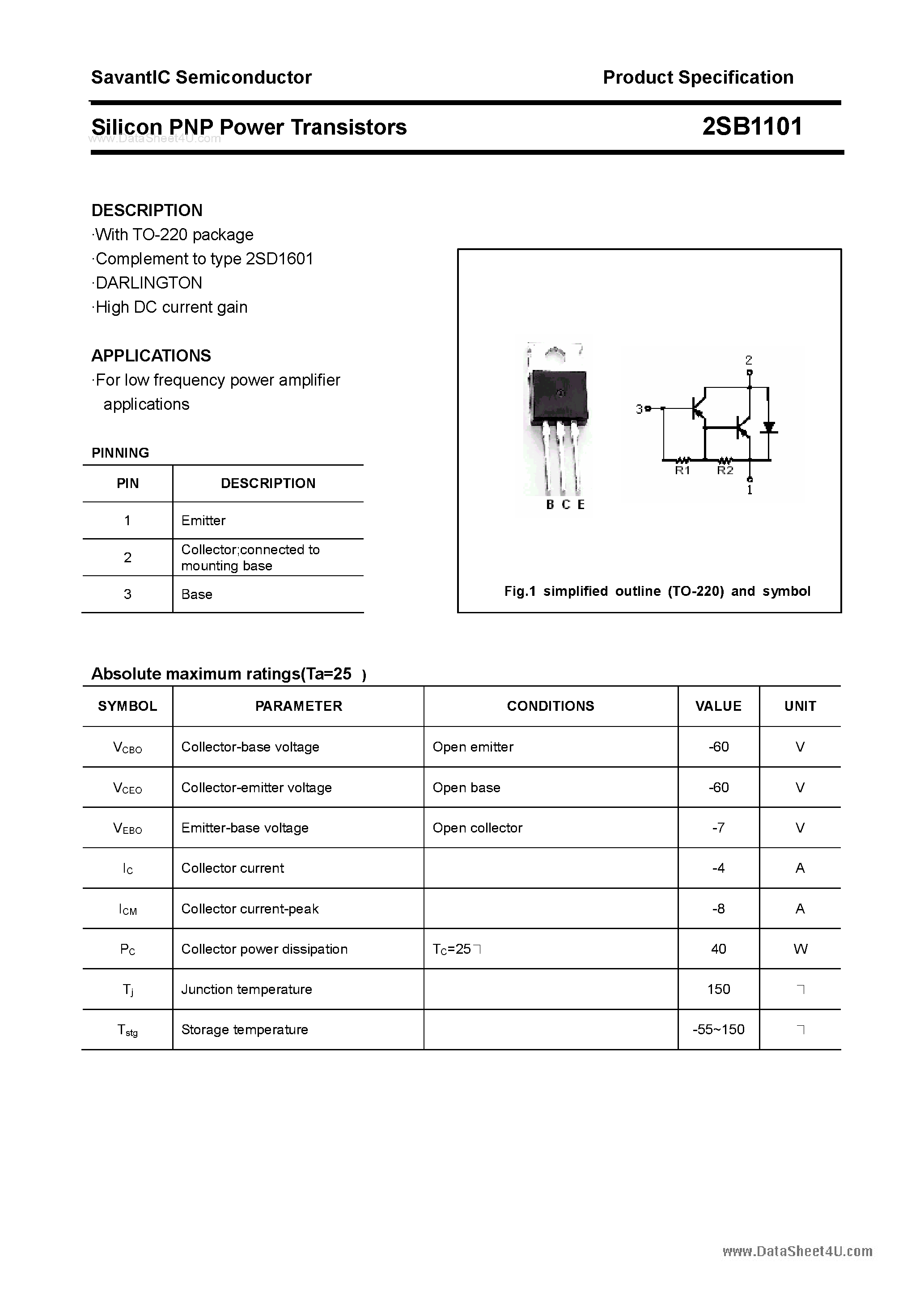 Datasheet 2SB1101 page 1 Datasheet 2SB1101 - SILICON POWER TRANSISTOR page 1