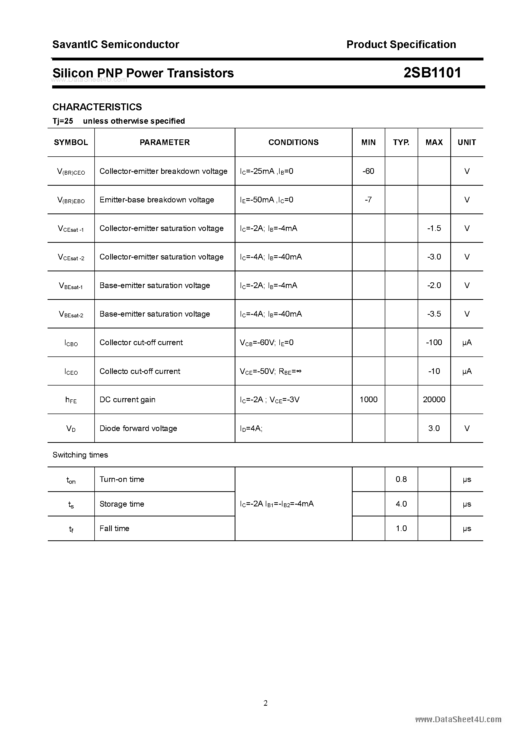 Datasheet 2SB1101 page 2 Datasheet 2SB1101 - SILICON POWER TRANSISTOR page 2