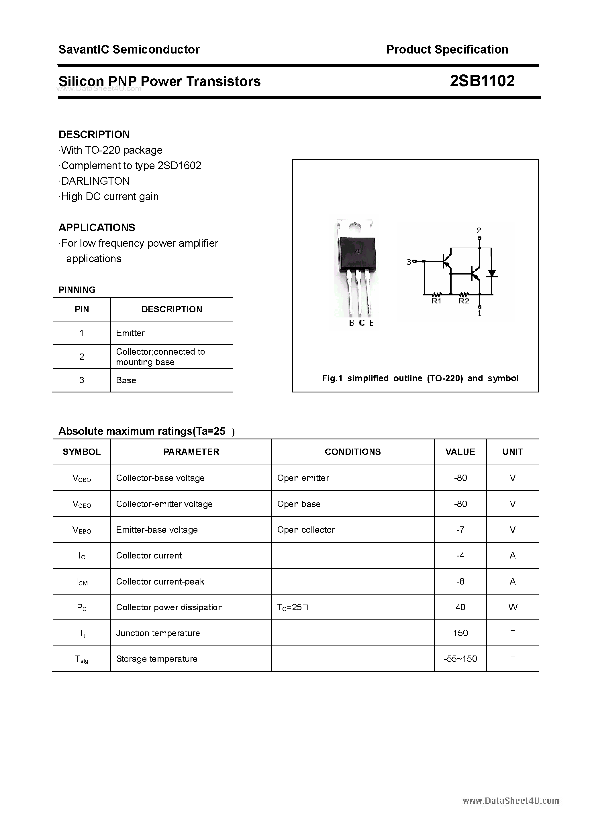 Datasheet 2SB1102 page 1 Datasheet 2SB1102 - SILICON POWER TRANSISTOR page 1