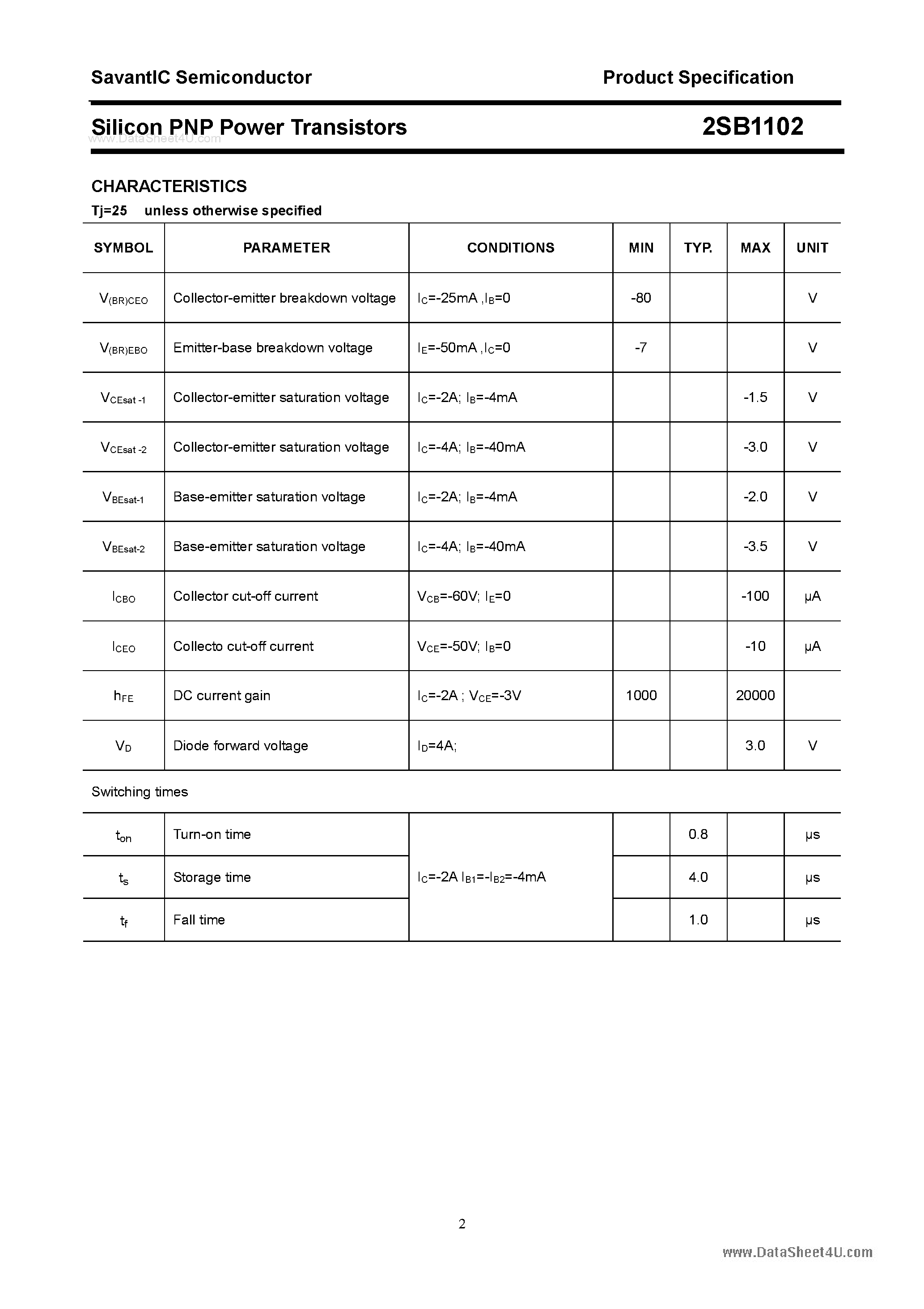 Datasheet 2SB1102 page 2 Datasheet 2SB1102 - SILICON POWER TRANSISTOR page 2
