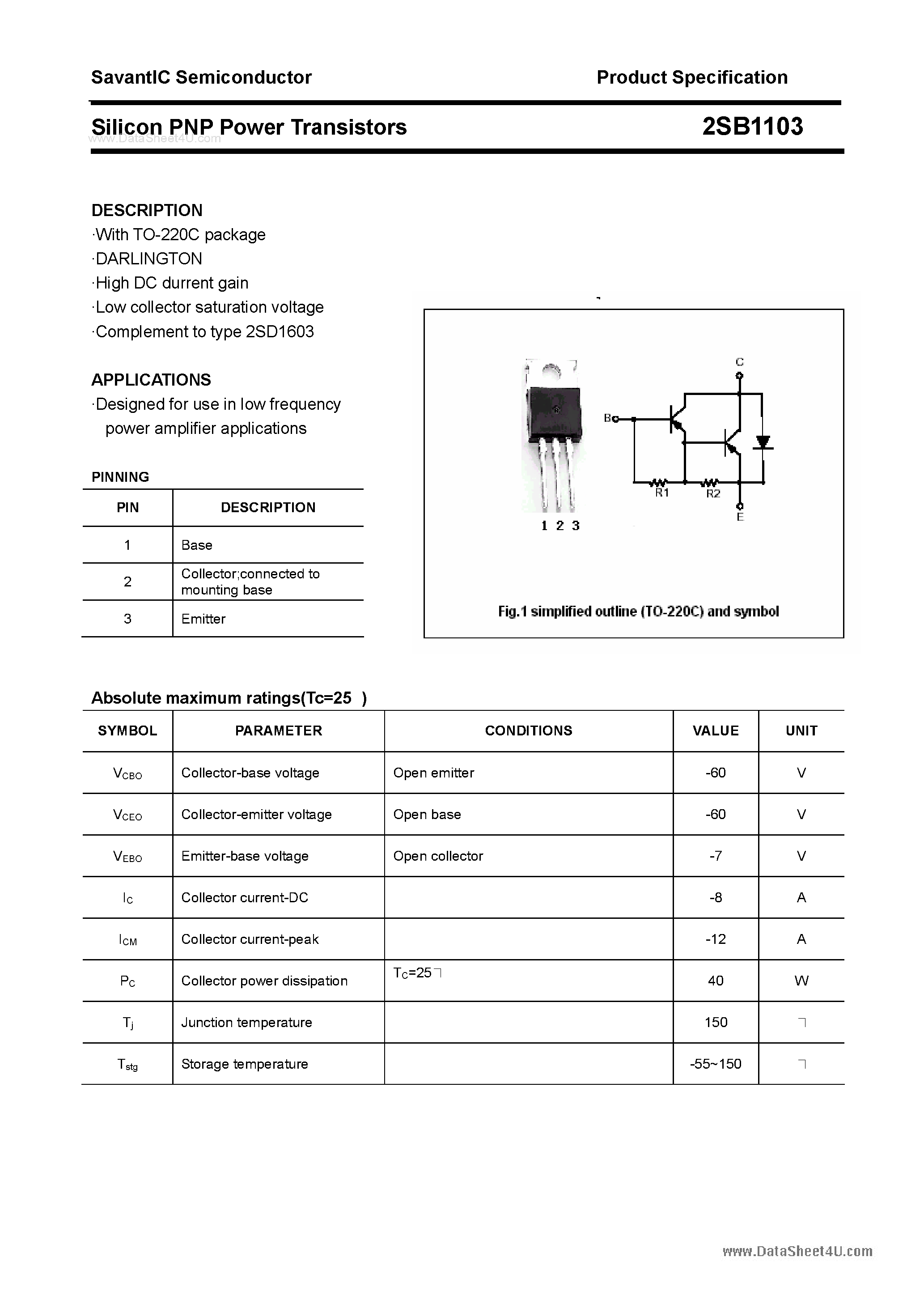 Datasheet 2SB1103 page 1 Datasheet 2SB1103 - SILICON POWER TRANSISTOR page 1