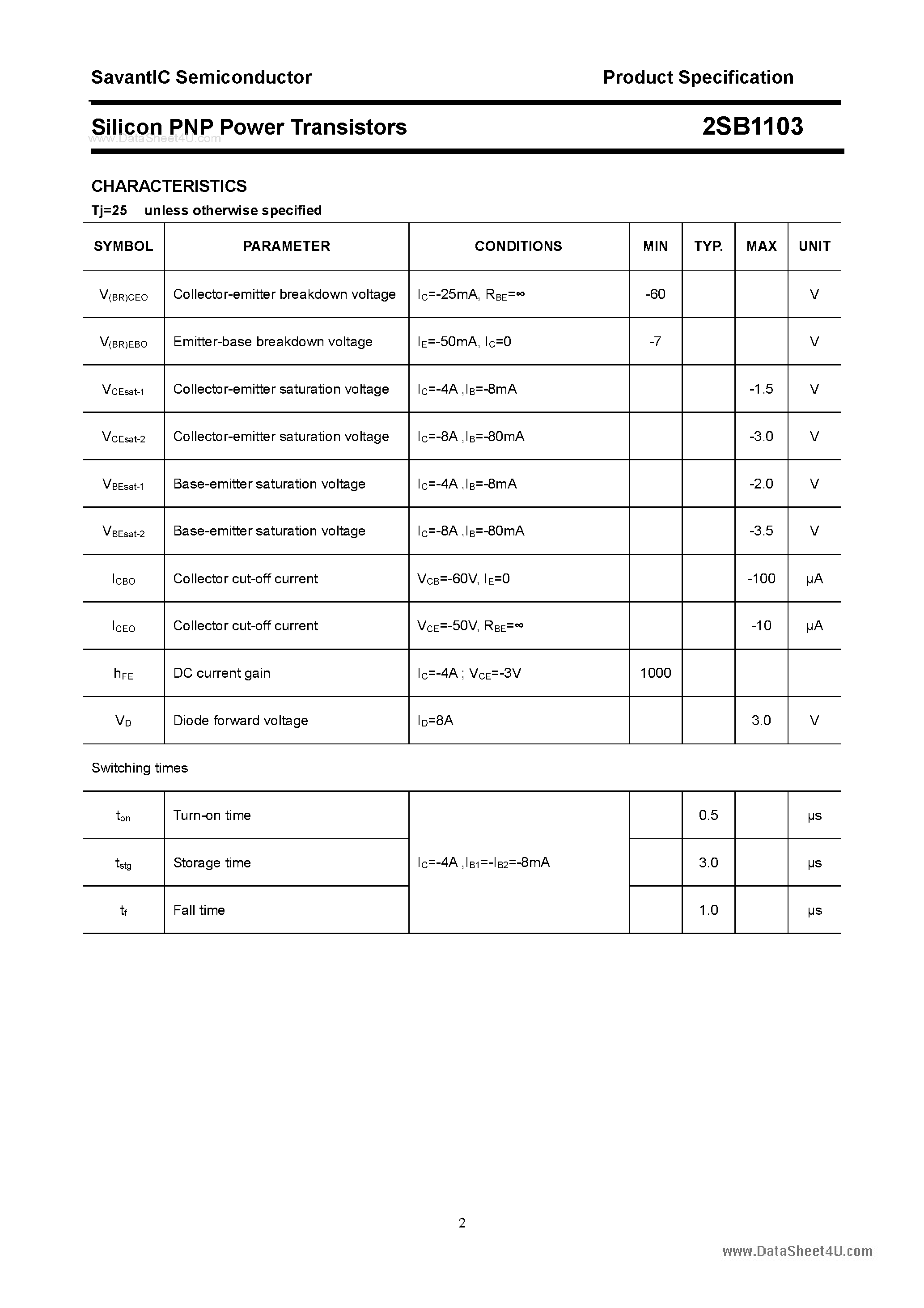 Datasheet 2SB1103 page 2 Datasheet 2SB1103 - SILICON POWER TRANSISTOR page 2