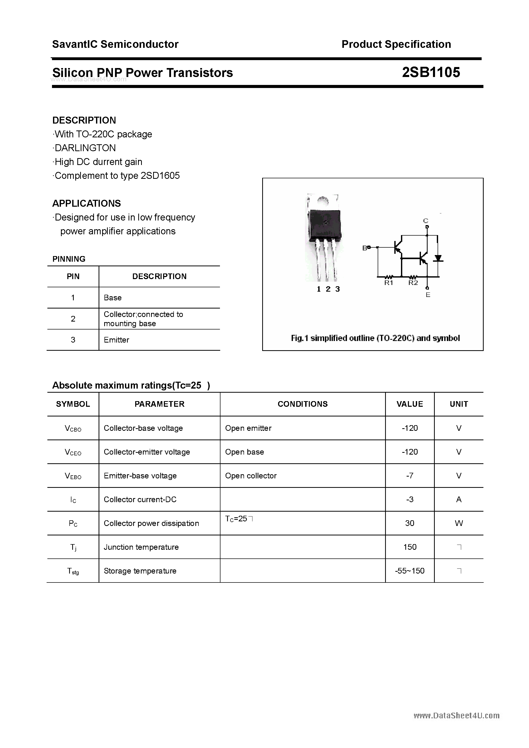 Datasheet 2SB1105 page 1 Datasheet 2SB1105 - SILICON POWER TRANSISTOR page 1