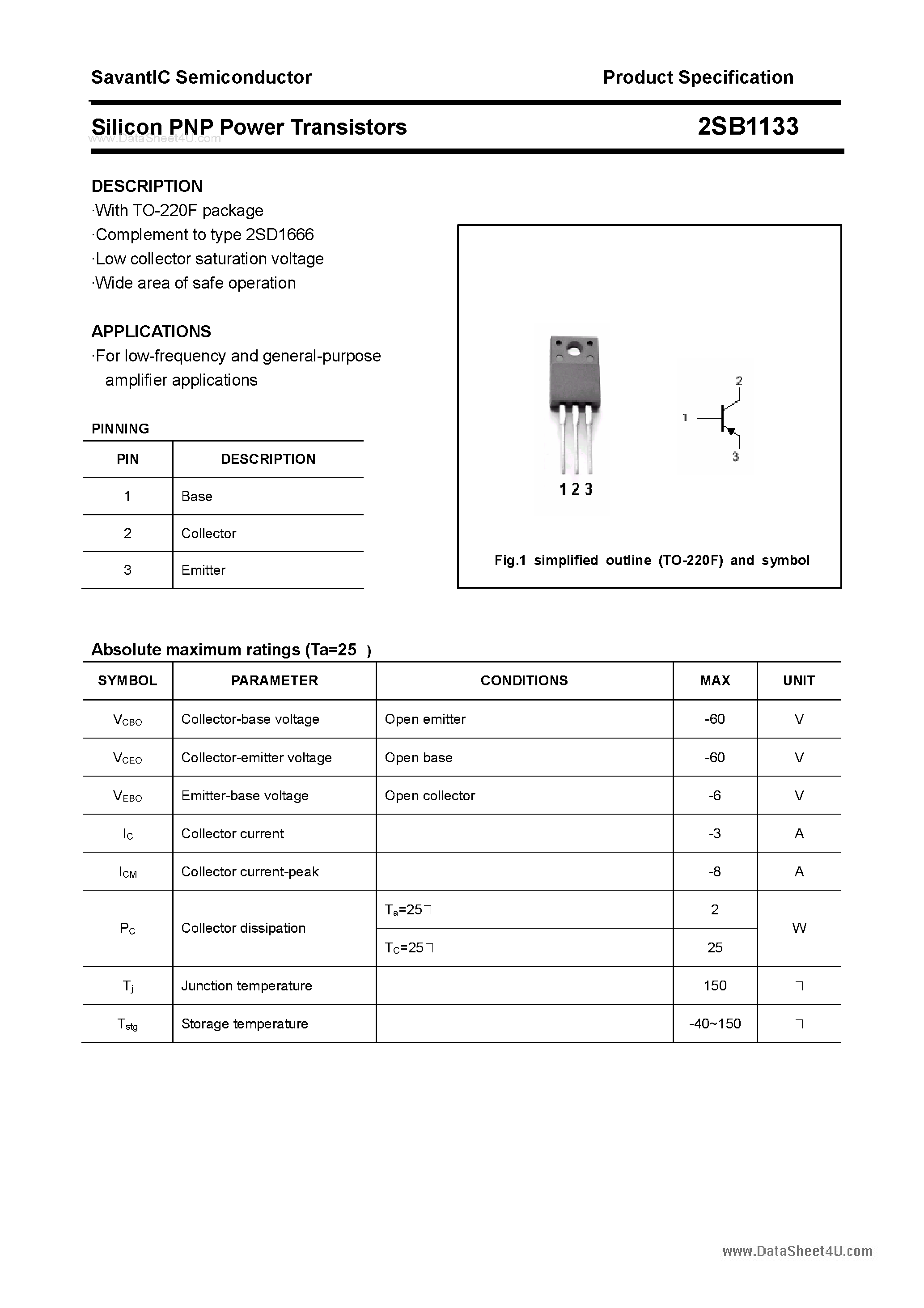 Datasheet 2SB1133 page 1 Datasheet 2SB1133 - SILICON POWER TRANSISTOR page 1